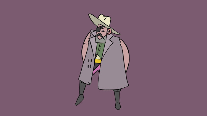 Cartoon character of a man dressed as a cowboy with a large hat, vest, and long coat, standing against a purple background.