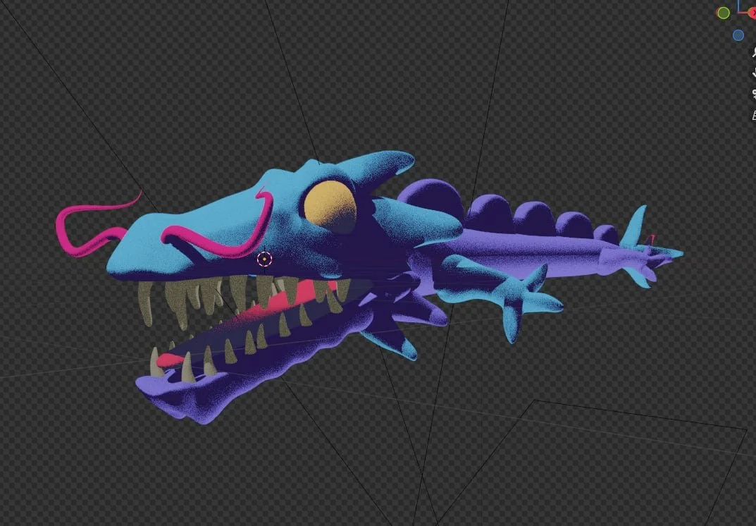 A 3D cartoon-style creature resembling a dragon with a large head, orange eyes, blue and purple body, and sharp teeth, set against a transparent background.