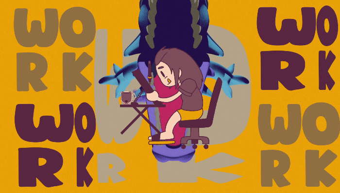 A person with long hair working on a laptop at a desk, surrounded by multiple blue dragon-like creatures. The background is yellow with the repeated word 'WORK' in large, colorful letters.