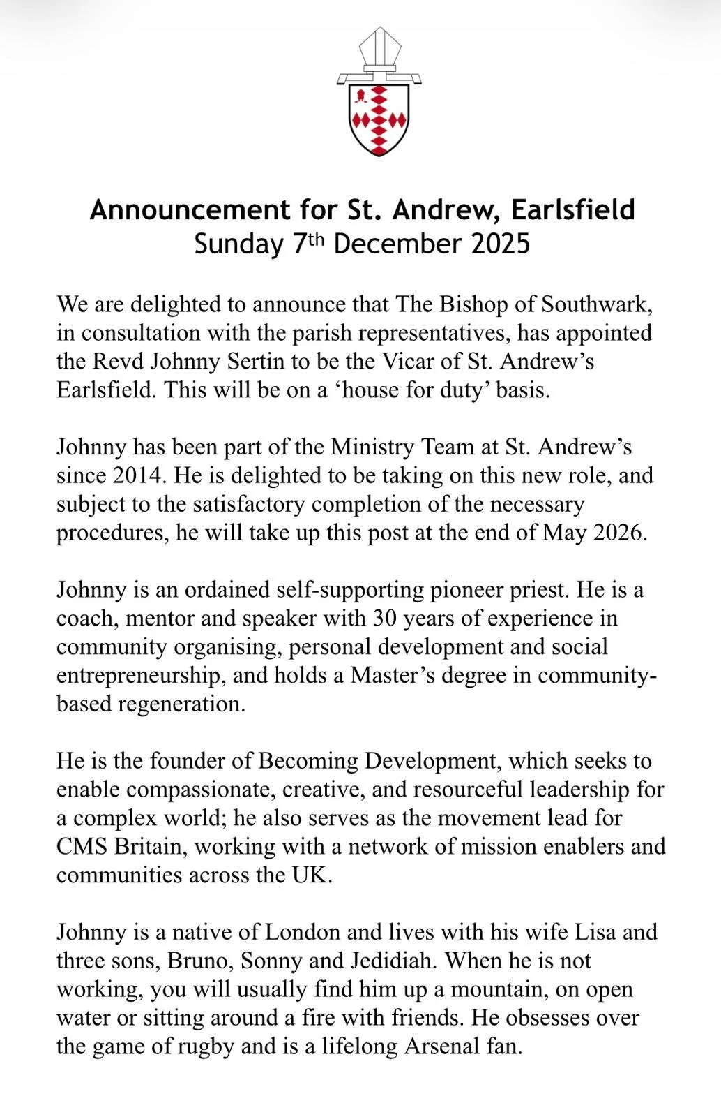 Appointment of Vicar
