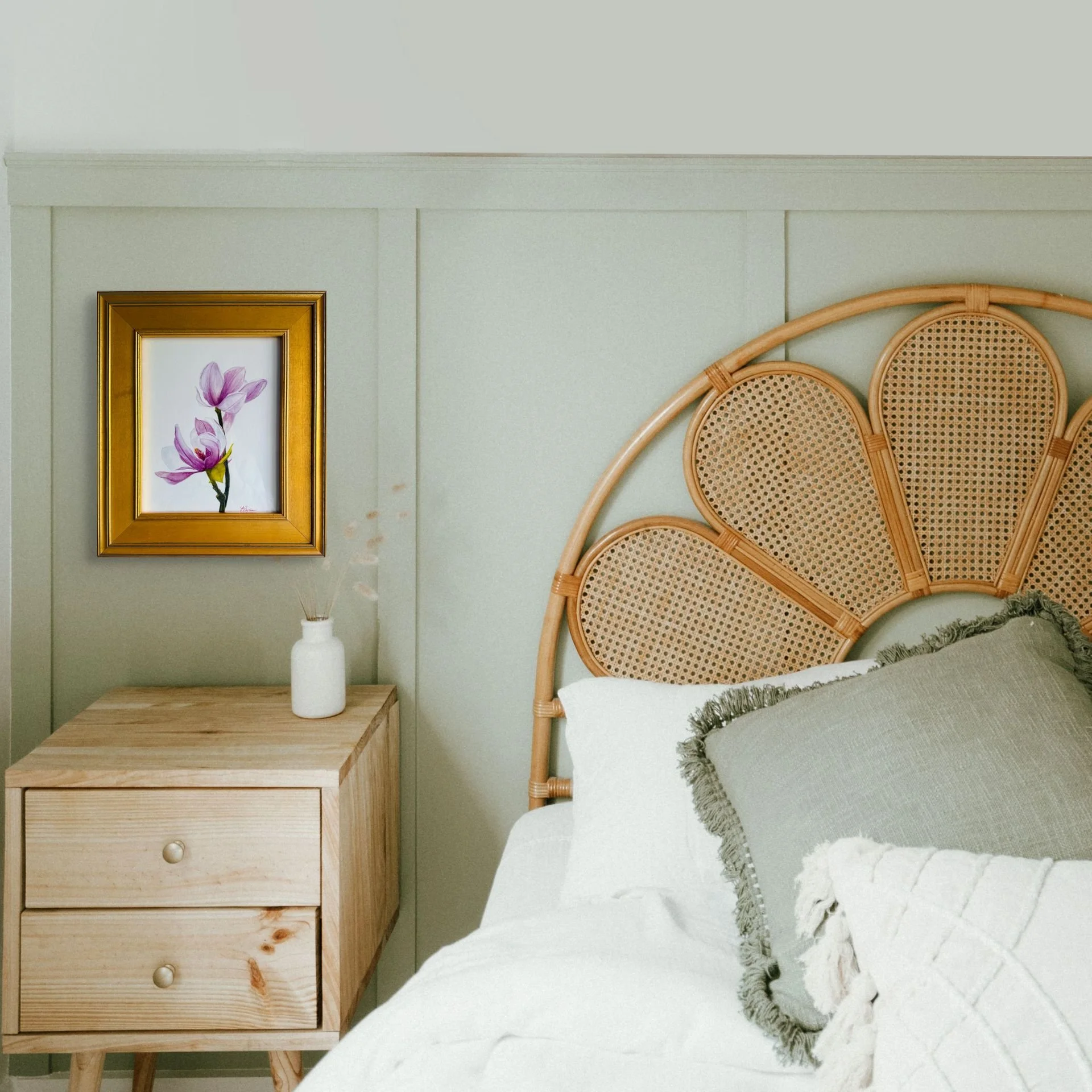 dogwood blossom painting at nightstand.jpg