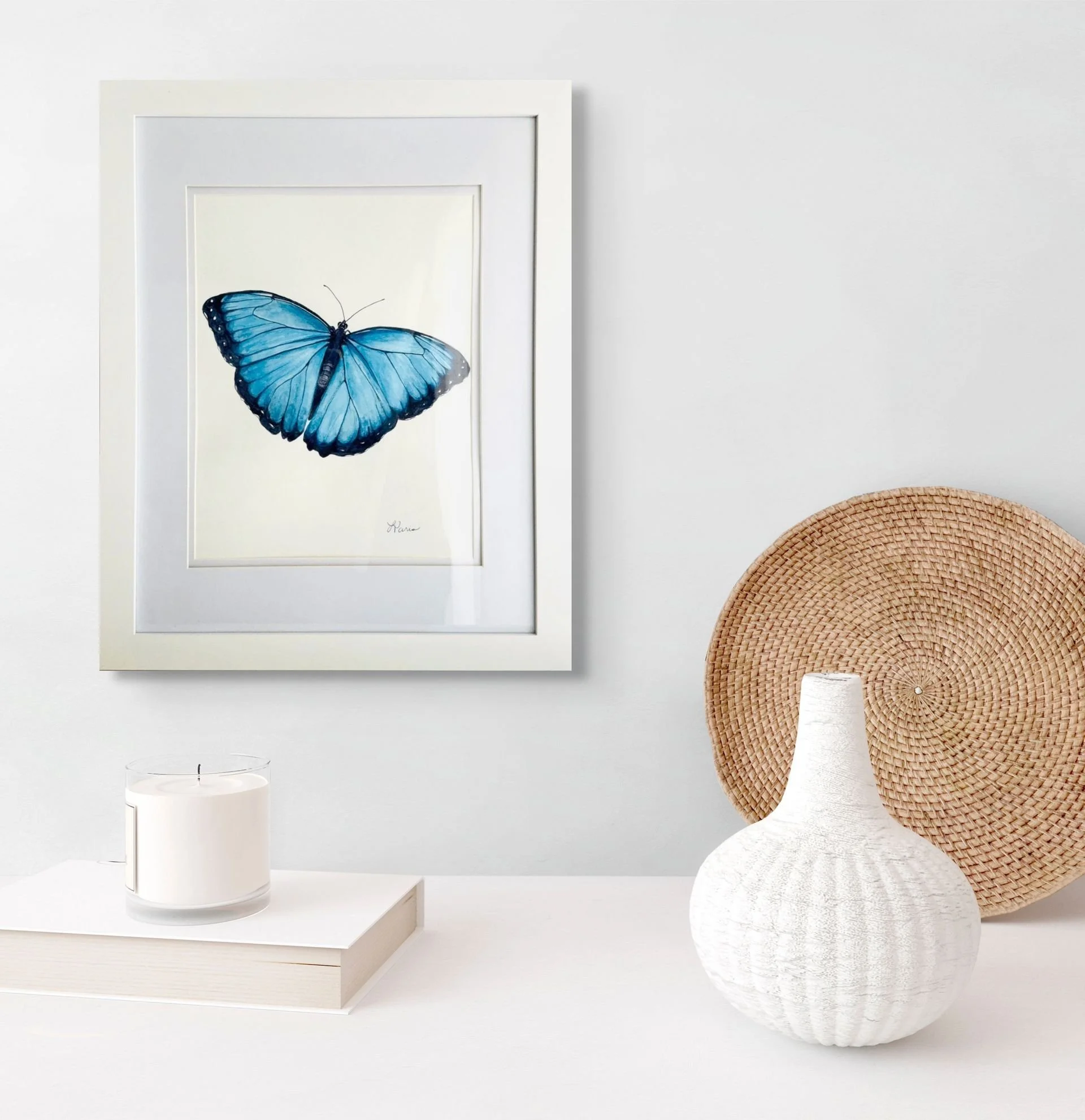 Morpho blue butterfly painting with white vase.jpg