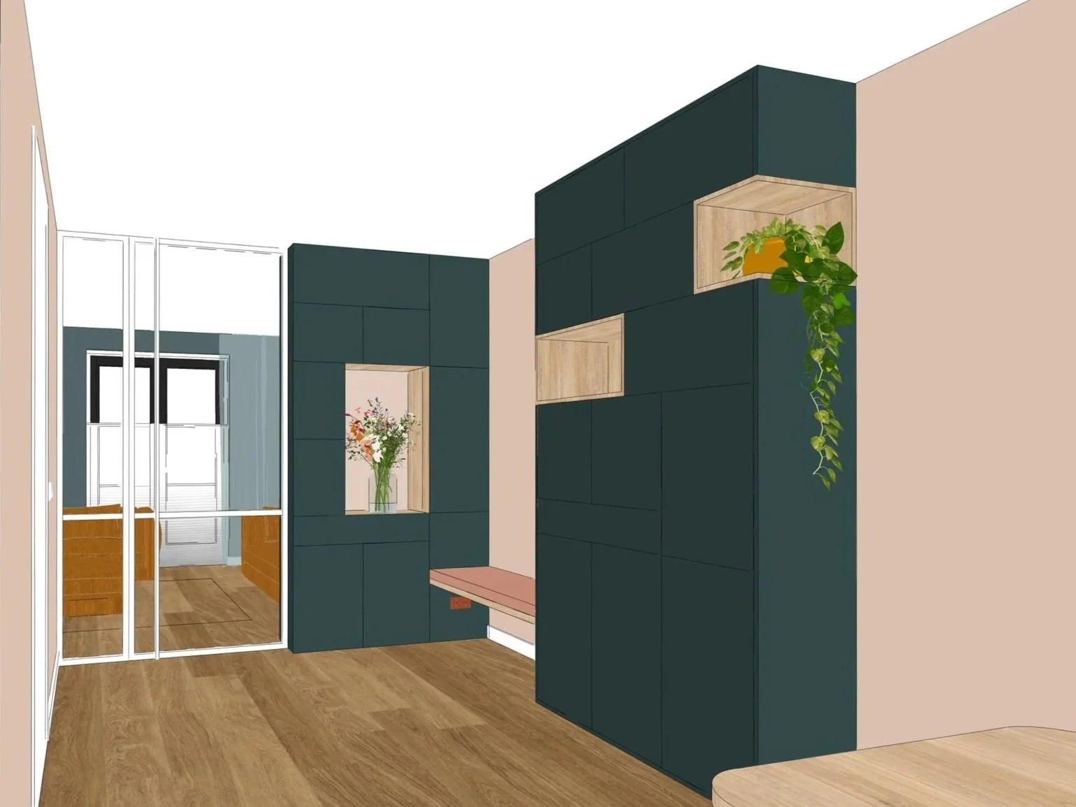 interieurontwerp door Charlotte Dobbe voor jong gezin in Wageningen met donkerblauwe Fenix maatwerkkast tegen lange wand nieuwbouwhuis met ensuite wit stalen deuren