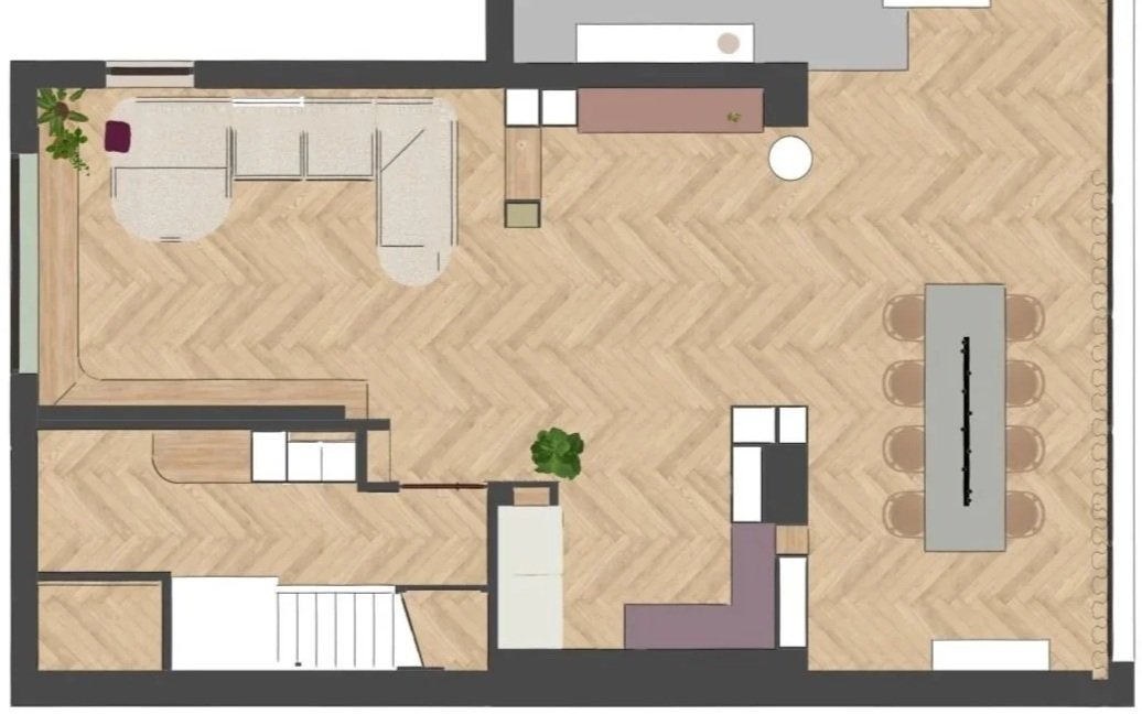 indelingsplattegrond verbouwing begane grond Nijmegen. Maatwerkontwerp en kleurenplan