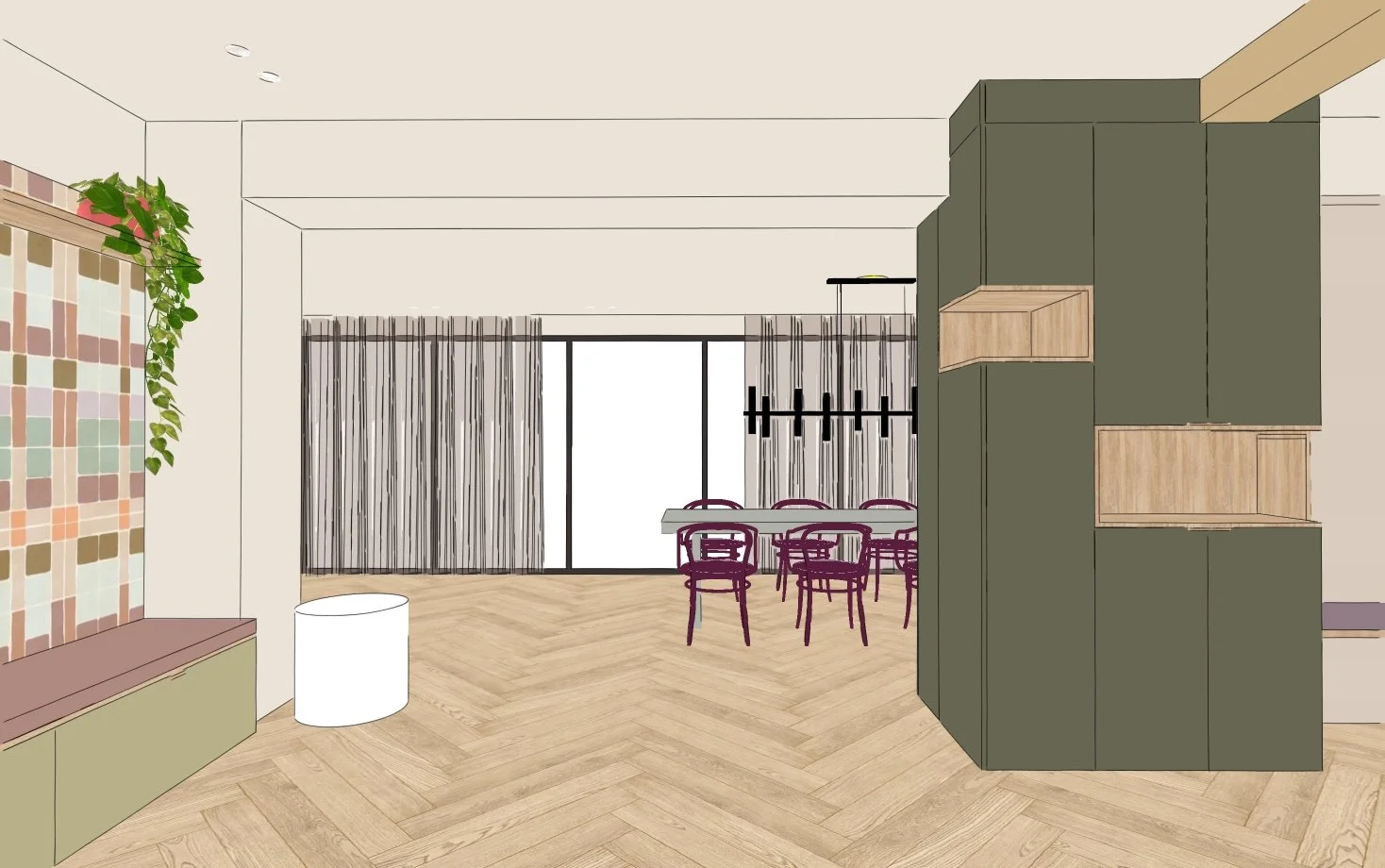 doorkijk op stalen pui, opbergruimte rondom kolom, zitbankje met behang en houten plank