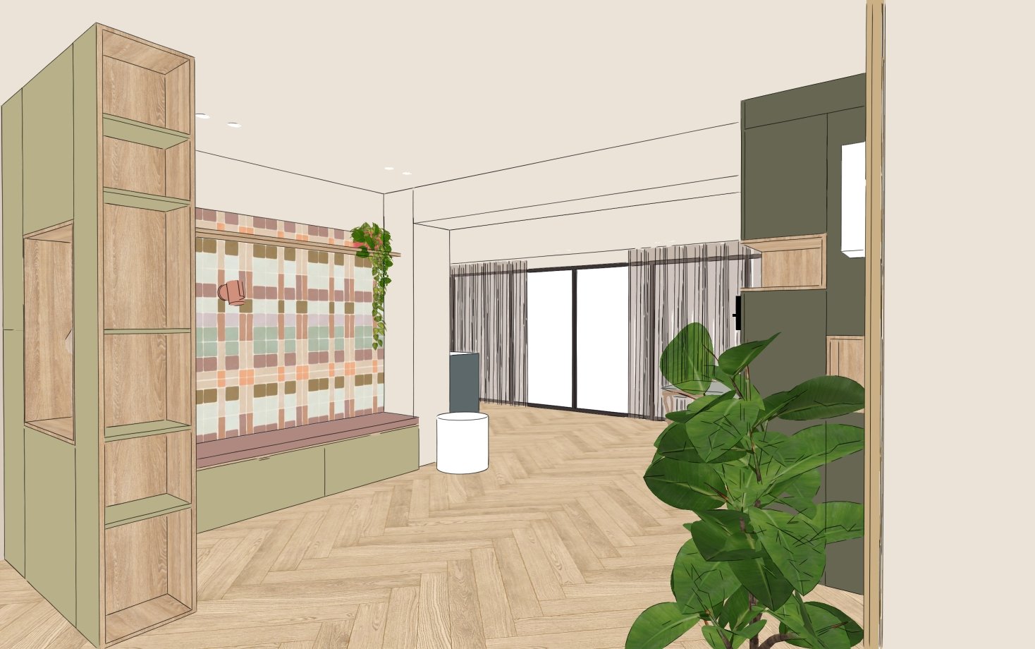 Histor Vanilla Cloud op de muren en plafonds. Maatwerk roomdivider met Bibelotte behang