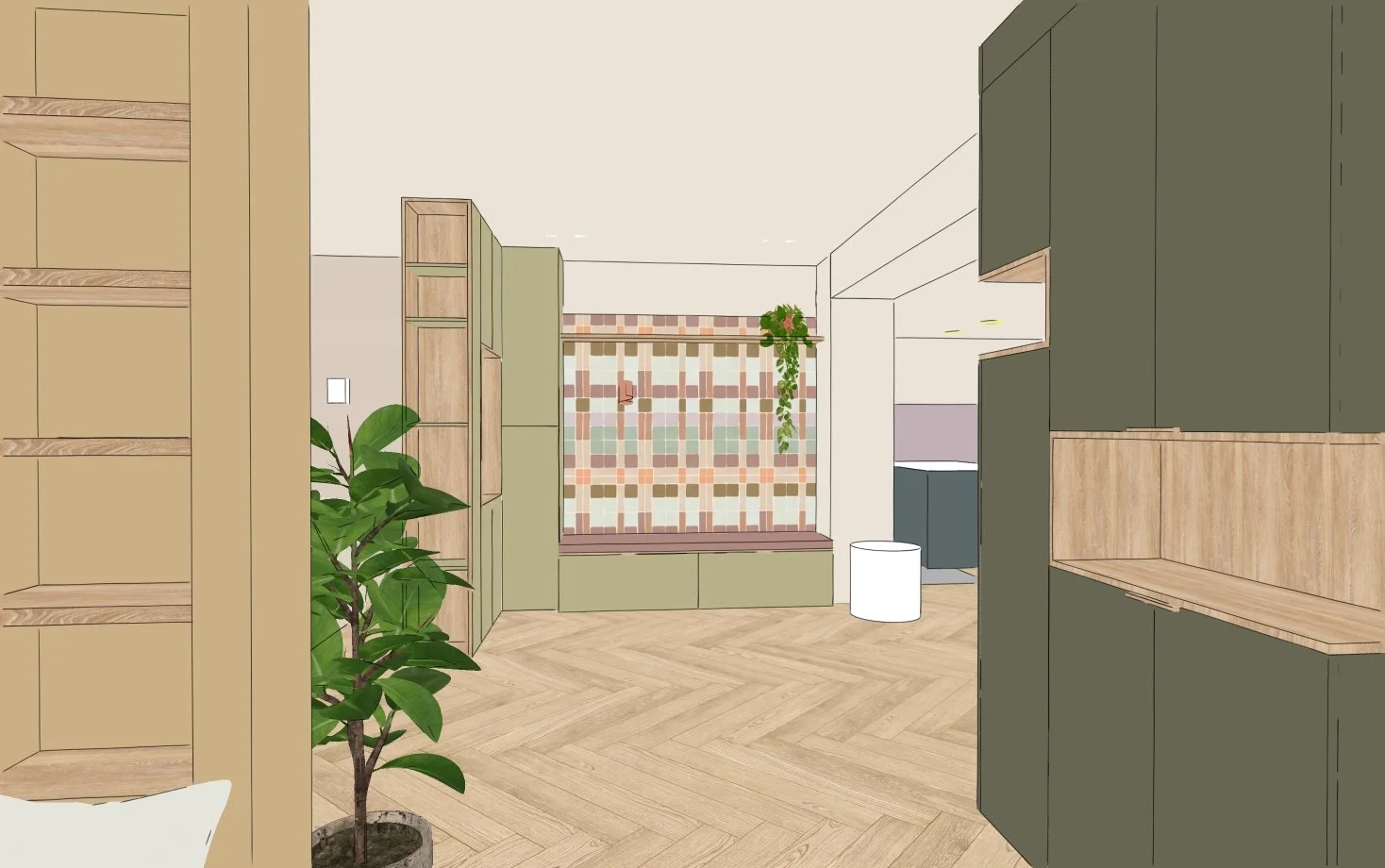 doorkijk vanuit speelhoek met inbouw boekenkast, roomdivider met bankje en maatwerk kastenwand en houten nissen