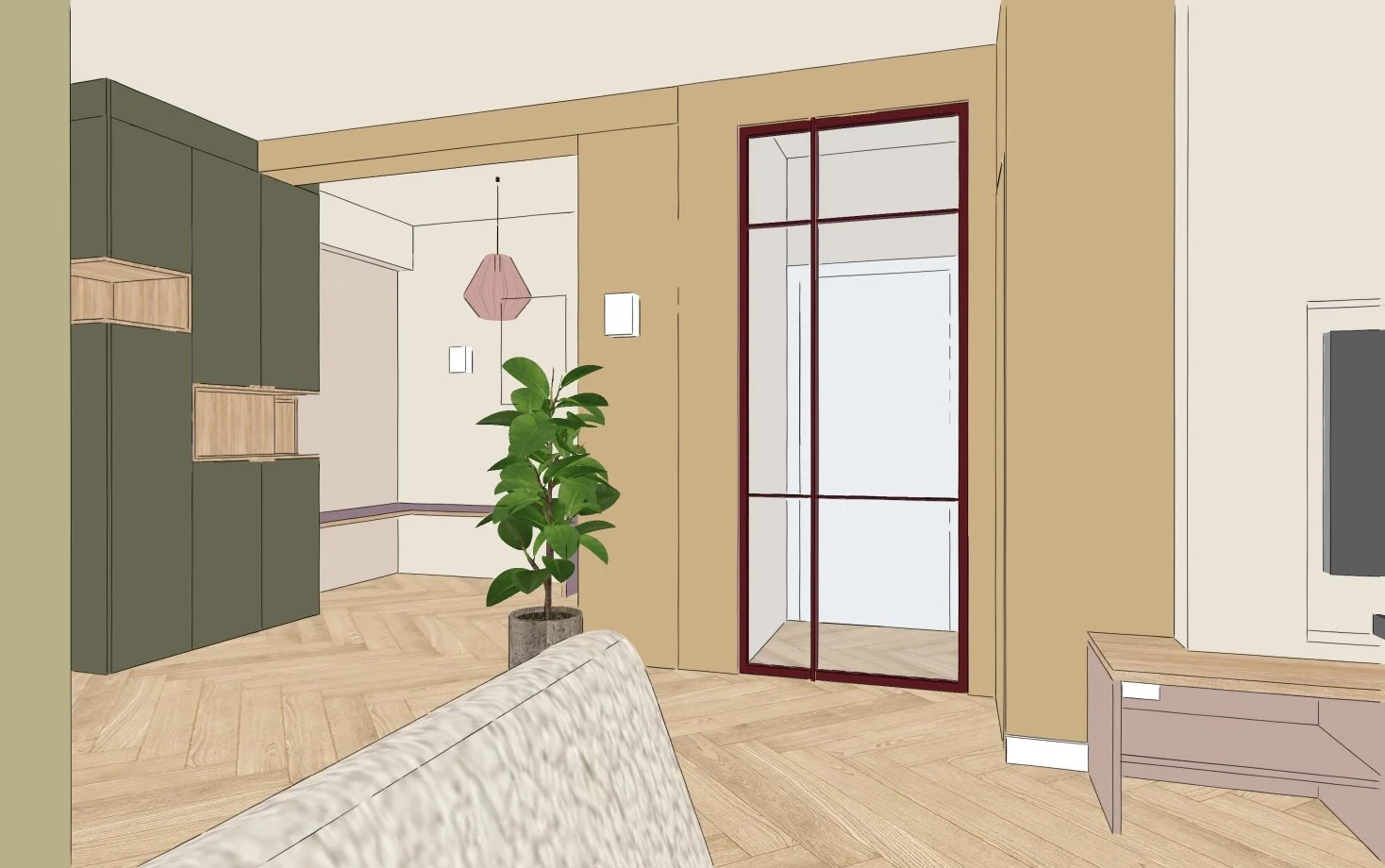 wijnrode stalen deur met geribbeld figuurglas. Gele accentmuur, tv-meubel en maatwerk kastenwand met houten nisjes