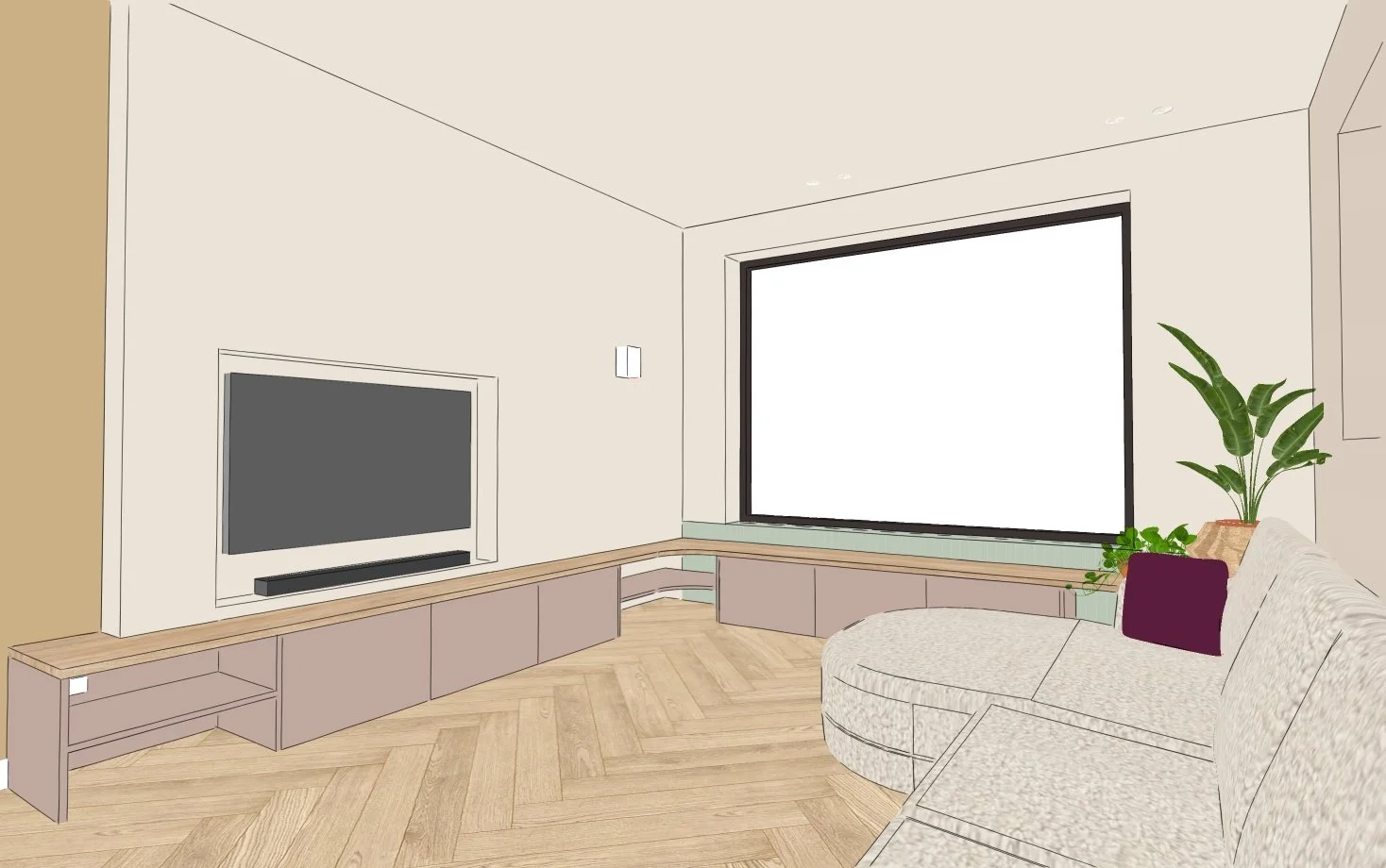 maatwerk oudroze tvmeubel met houten bovenblad en betegelde vensterbank