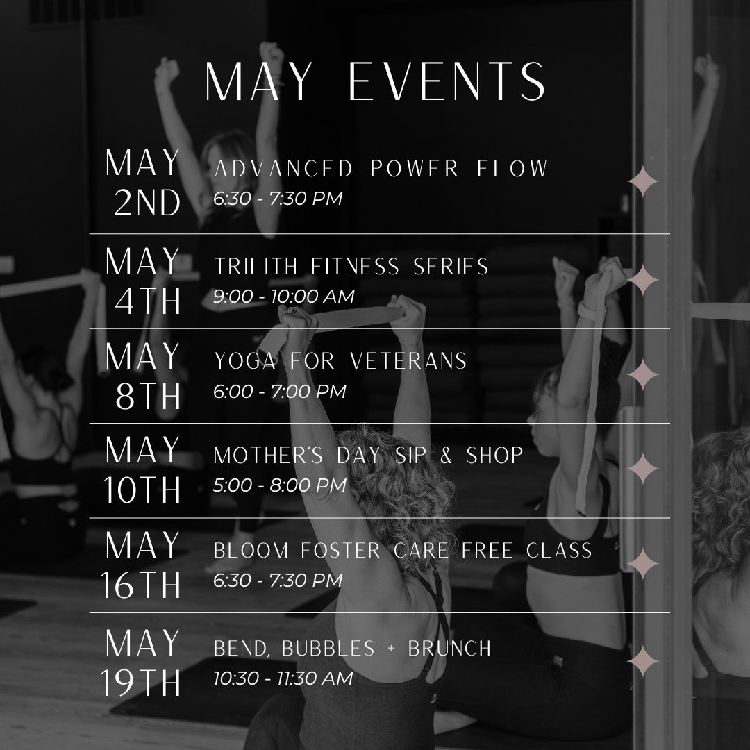 MAY EVENTS - Be sure to book your spot in any of our upcoming events through the Bookee App!

🧘 May 2nd: Advanced Power Flow - 60 Min Heated Power Flow class with inversions + advanced postures. Minimal cueing, be prepared to sweat and enjoy losing 