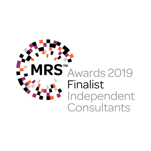 MRS Awards 2019 logo for Finalist in Independent Consultants category, featuring a colorful circular design.