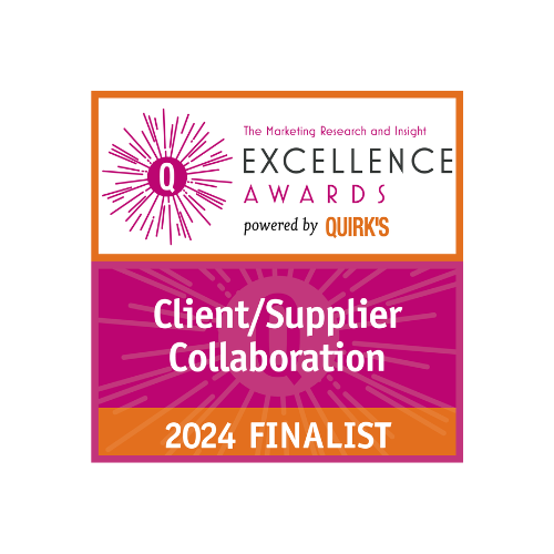 Award badge for the 2024 Client/Supplier Collaboration finalist at the Quirk's Marketing Research and Insight Excellence Awards.