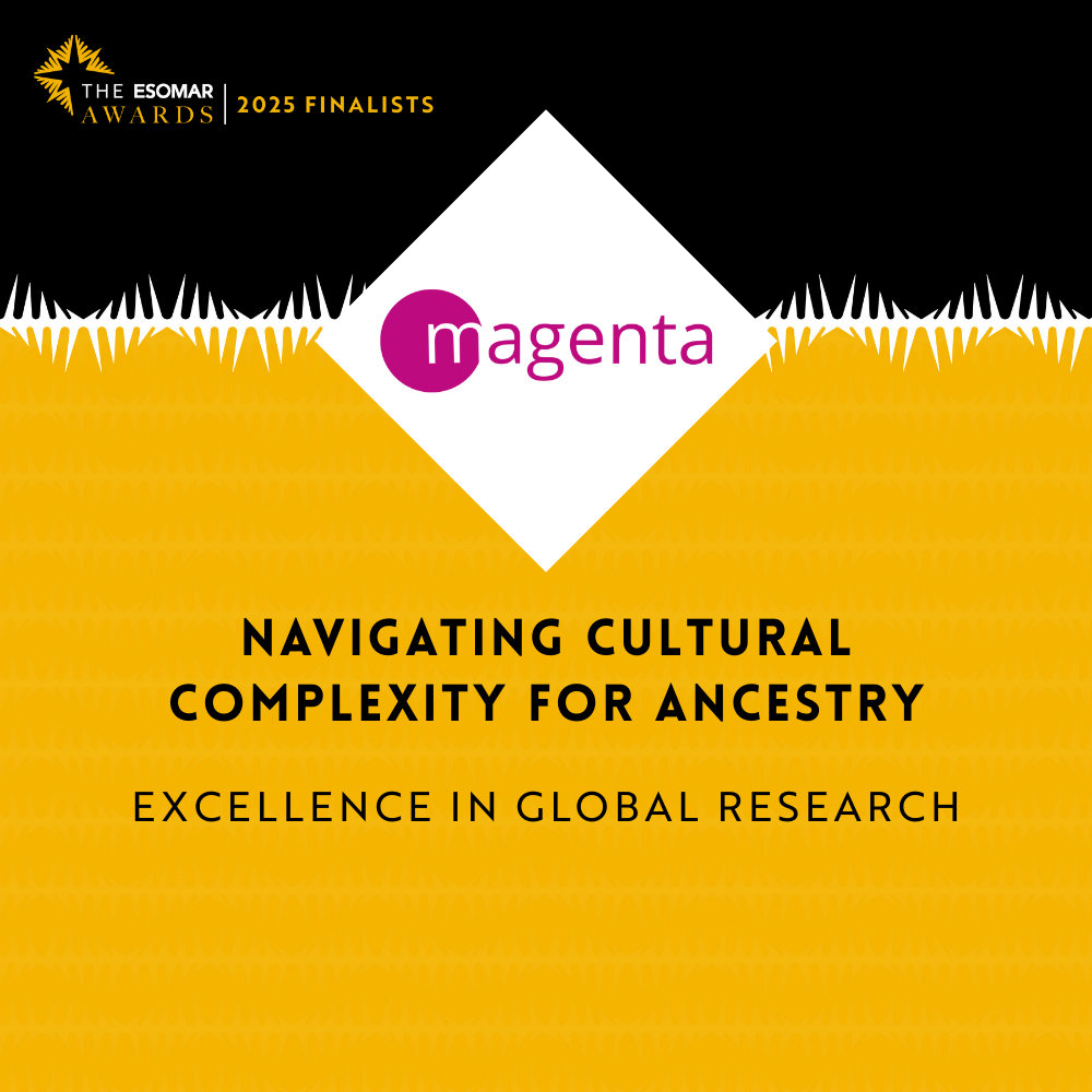2025 Esomar Awards finalist logo with the title 'Navigating Cultural Complexity for Ancestry: Excellence in Global Research' on a yellow background with black and pink accents.