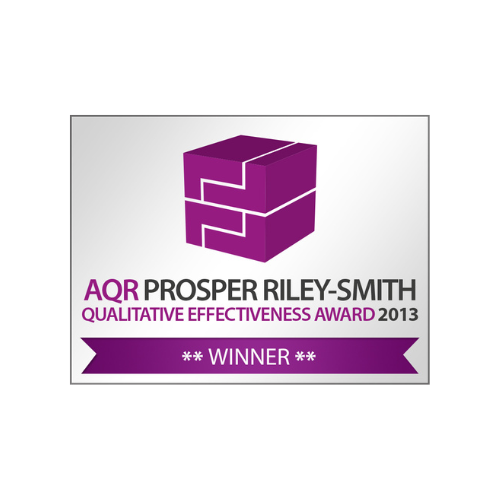 AQR Prosper Riley-Smith Qualitative Effectiveness Award 2013 winner logo featuring a purple geometric cube design.