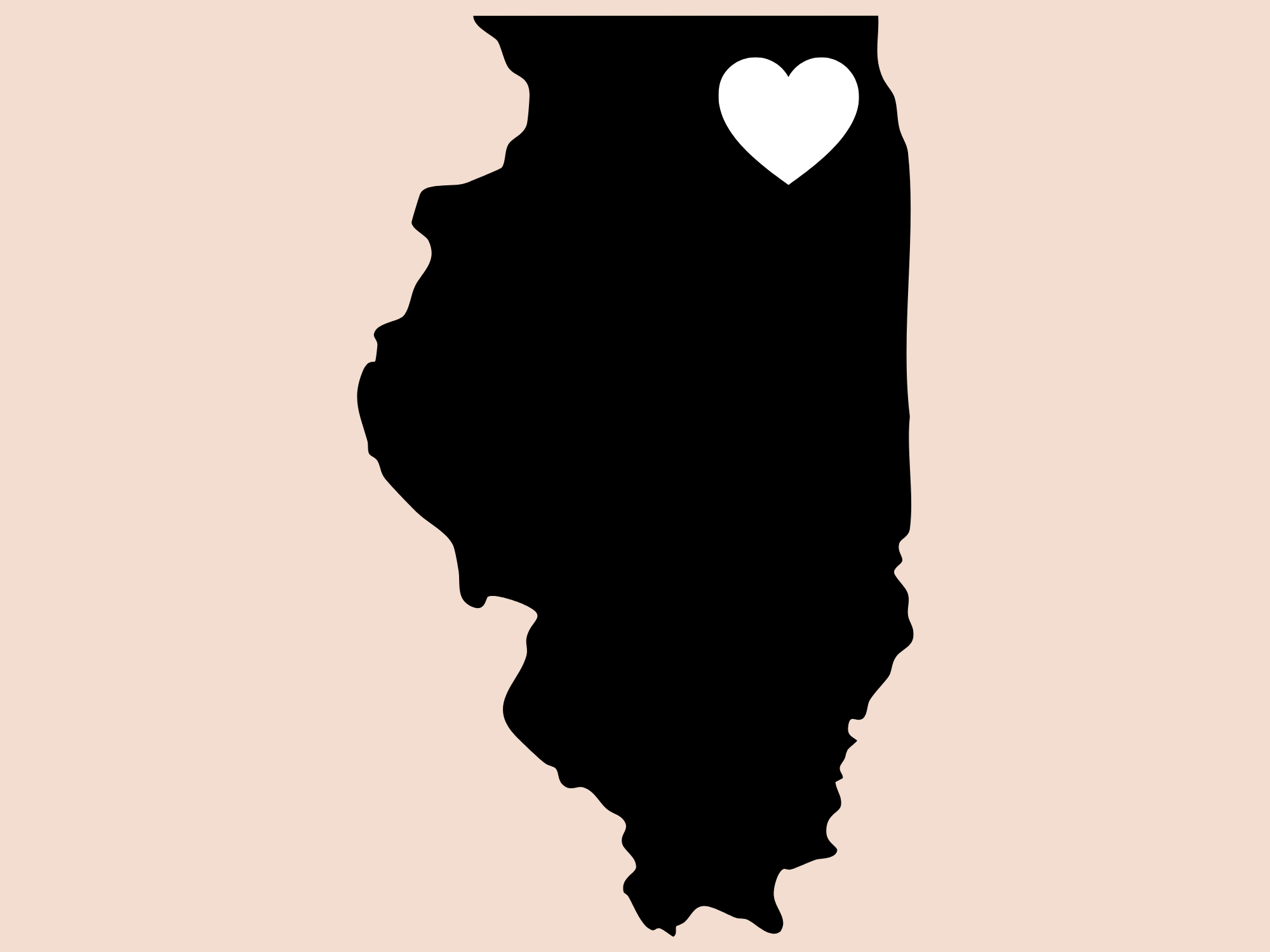 Black silhouette of the state of Illinois with a white heart in the top right corner.