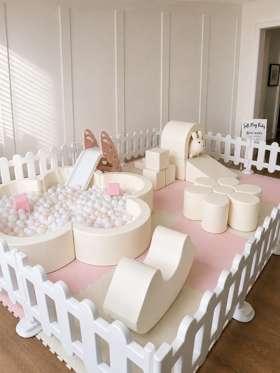 12'x12' Midi Daisy Set $525, Optional 6x6 Bounce House add on $100. -- 6ft Flower Ball Pit, Slide, Daisy Climber, Arch Step and Slide, Rocker, Jumbo Blocks, Animal Hopper, Flooring, Fencing. ***Bounce House/Decals are add ons.***