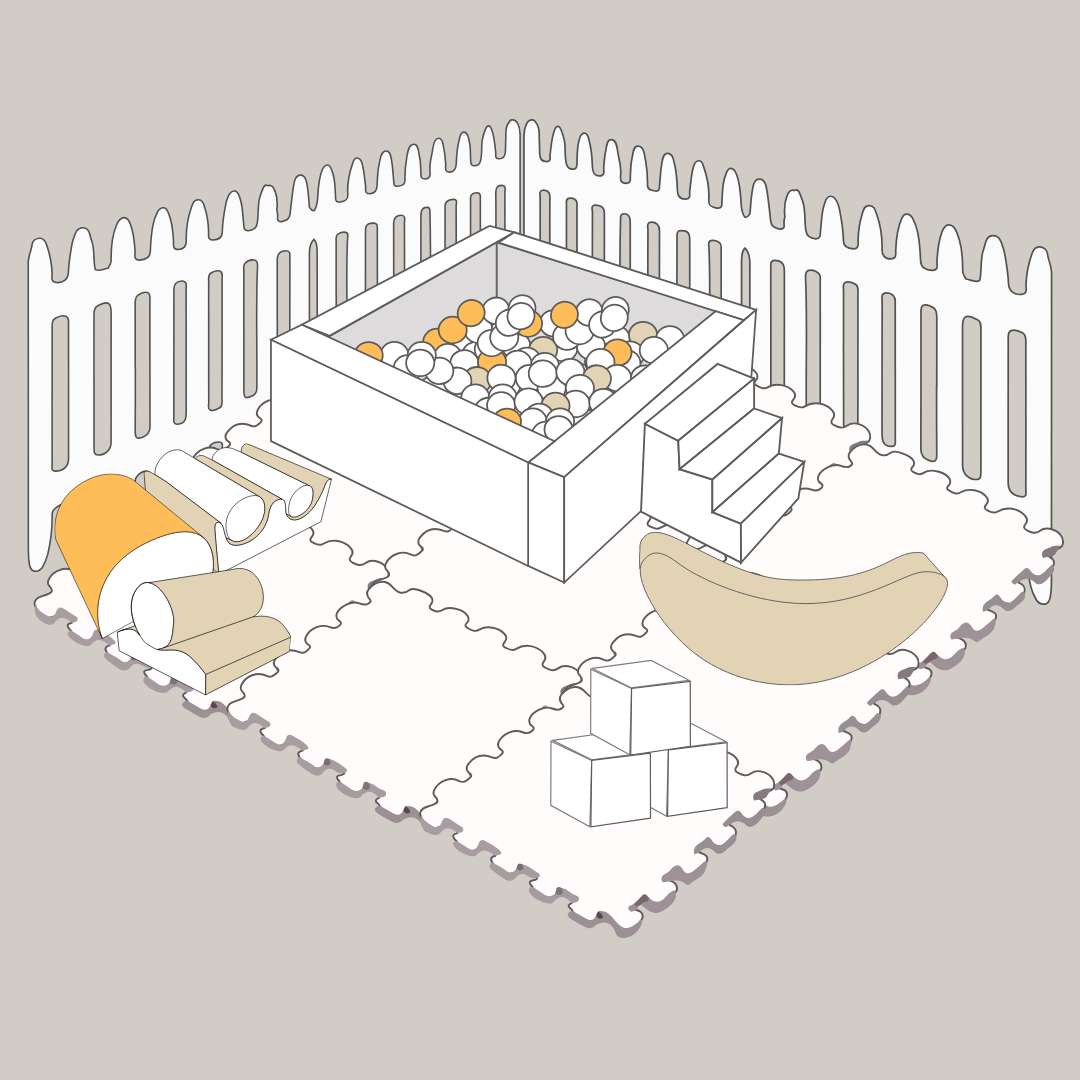 Beige Petite Set $350, Fence $100 (required outdoors). -- Ball Pit, Slide, Rocker, Climbers, Jumbo Blocks, Animal Hopper, Flooring. ***Fence/Bounce House/Decals are add ons.***