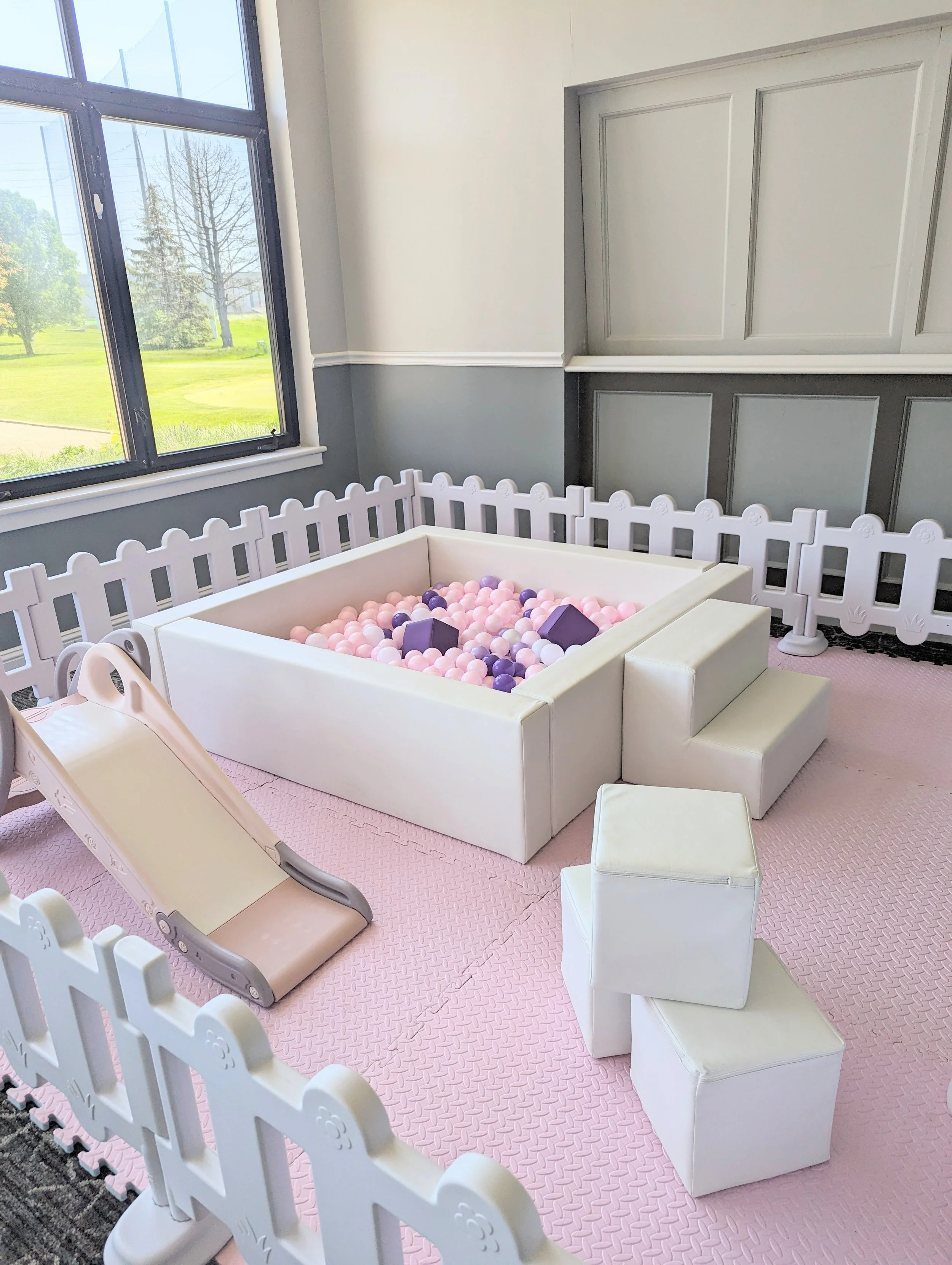 5ft ball pit $450. 10ftx10ft space needed for play area. Ball Pit, Slide, Jumbo Blocks, Animal Hopper, Flooring. ***Decals are an add on.***