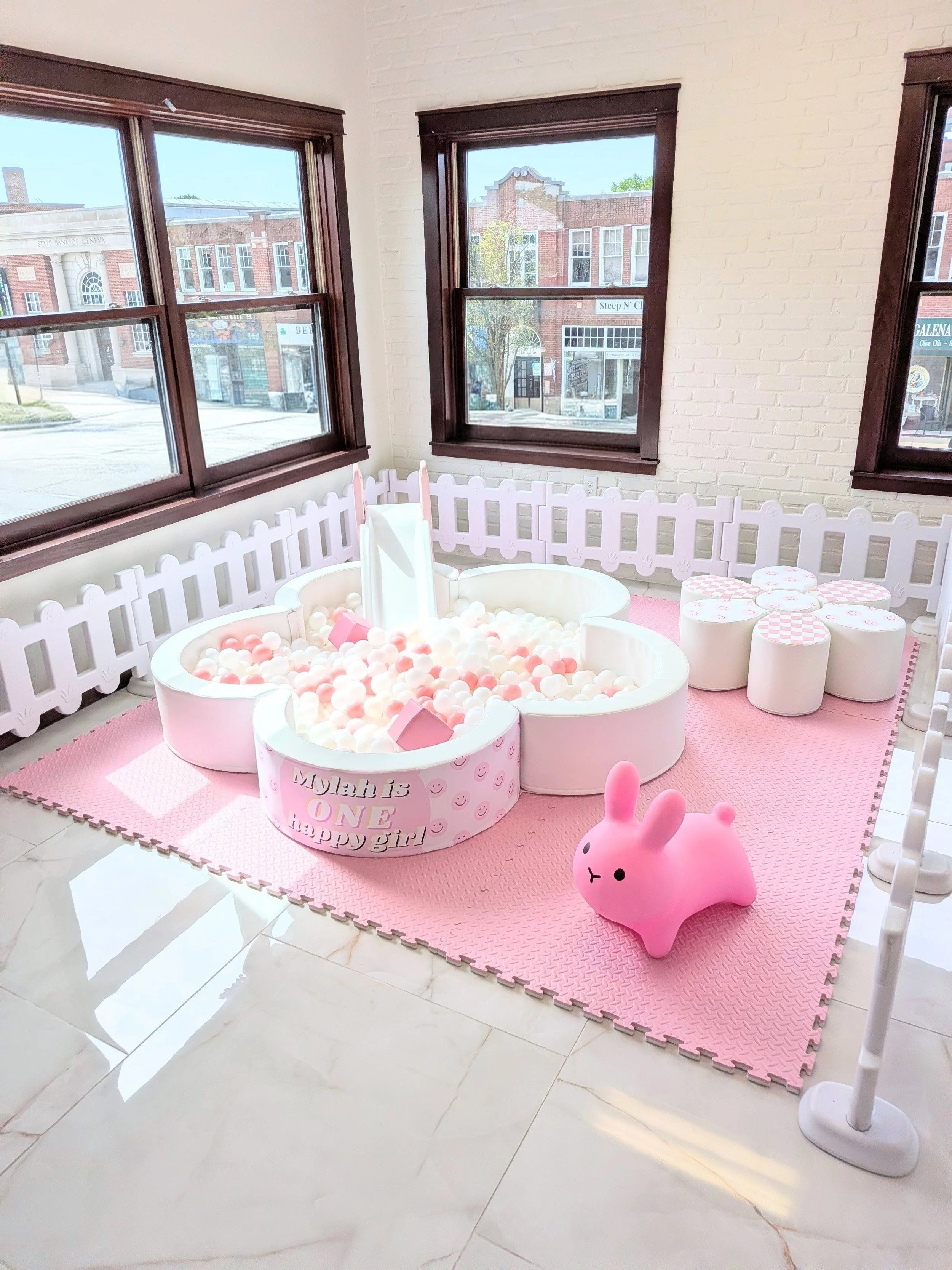 Petite Daisy Set $450-- Daisy Ball Pit, Slide, Daisy Block Climber, Animal Hopper, Flooring, Fencing. ***Bounce House/Decals are add ons.***