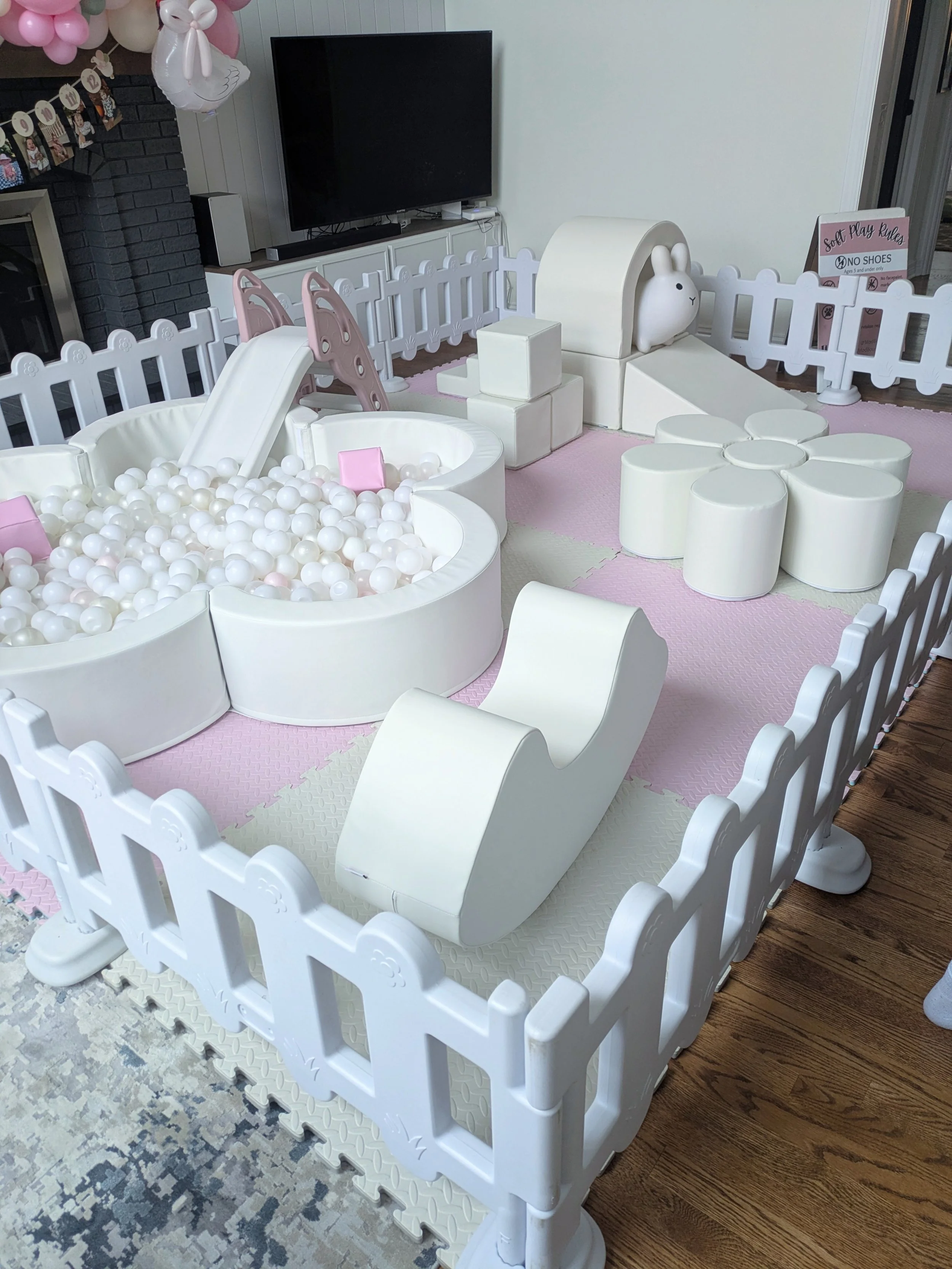 12'x12' Midi Flower Set $425, Fence $100 (required outdoors), Optional 6x6 Bounce House $100. -- 6ft Flower Ball Pit, Slide, Daisy Climber, Arch Step and Slide, Rocker, Jumbo Blocks, Animal Hopper. ***Fence/Bounce House/Decals are add ons.***