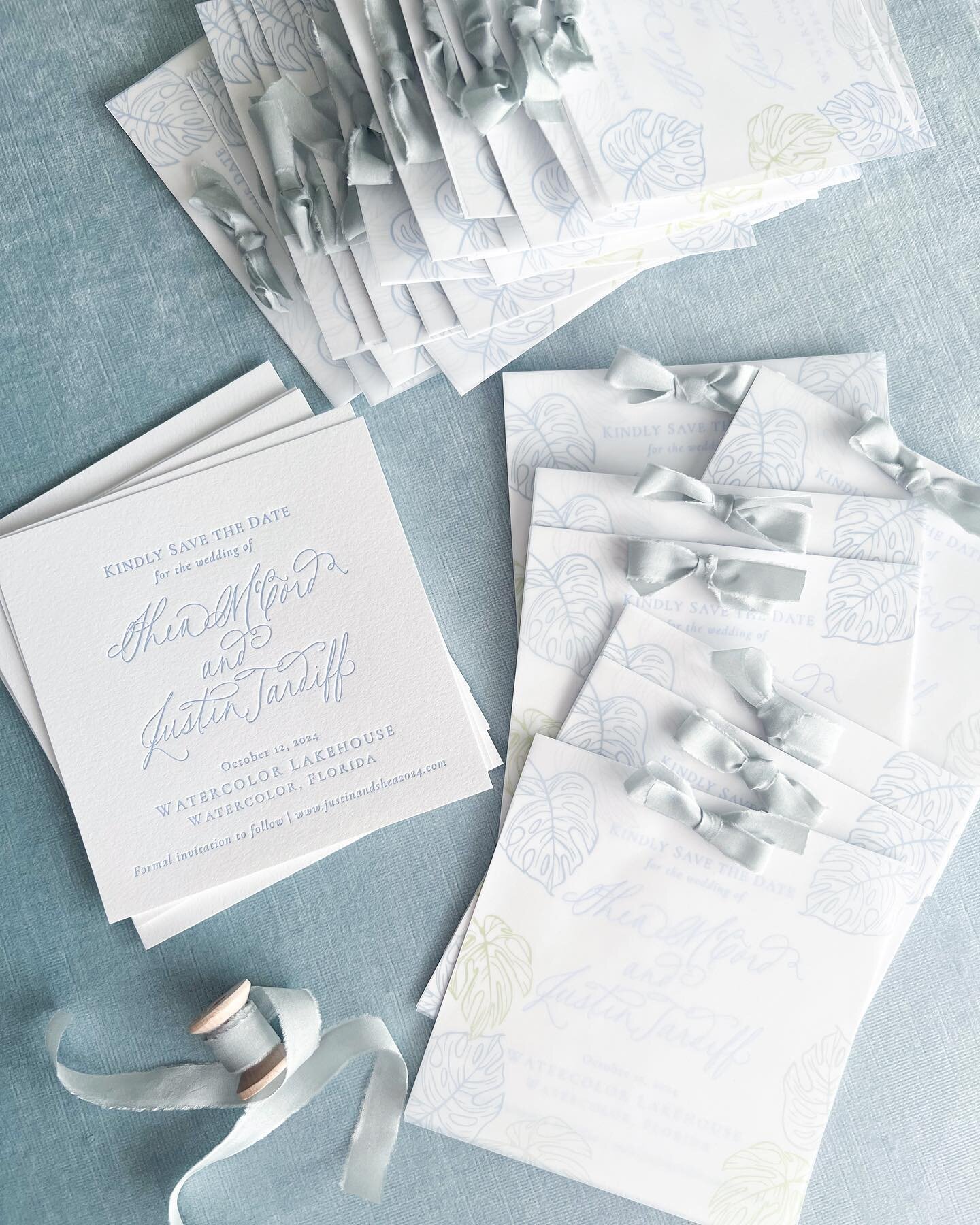 Save the date stacks &lt;🩵&gt; letterpress and printed vellum held together with the softest blue silk ribbon. 
.
.
.
.

#weddingday #weddingideas #weddingdetails #realwedding #southernwedding #weddingcalligraphy #bridetobe #weddingplanning #realwed