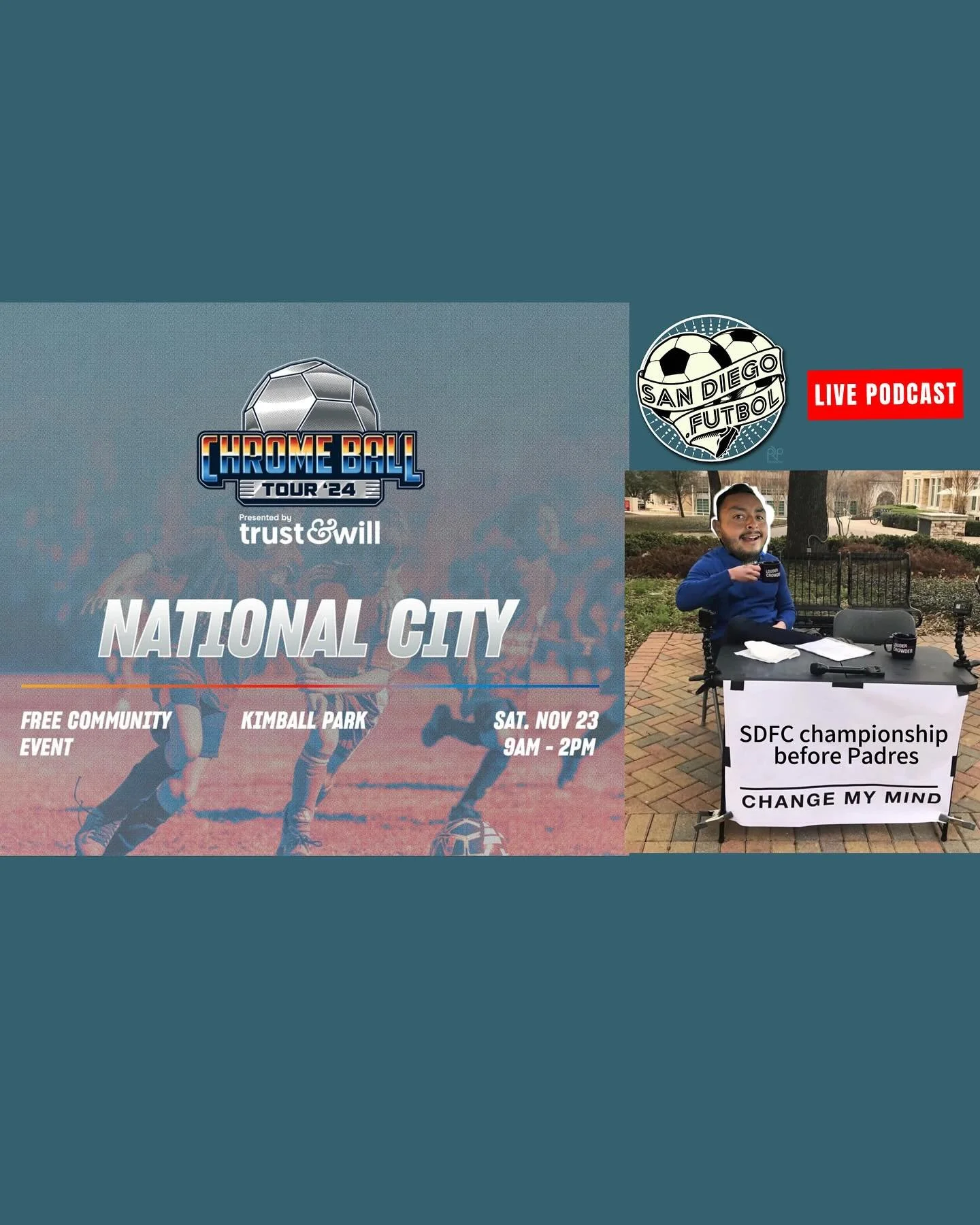 BREAKING:

In collaboration with San Diego FC, we will be having a podcast form the Chrome Ball Tour in National City.

Stop by and join the pod with your chance to enter our giveaway for the 2024 inaugural San Diego FC kit.