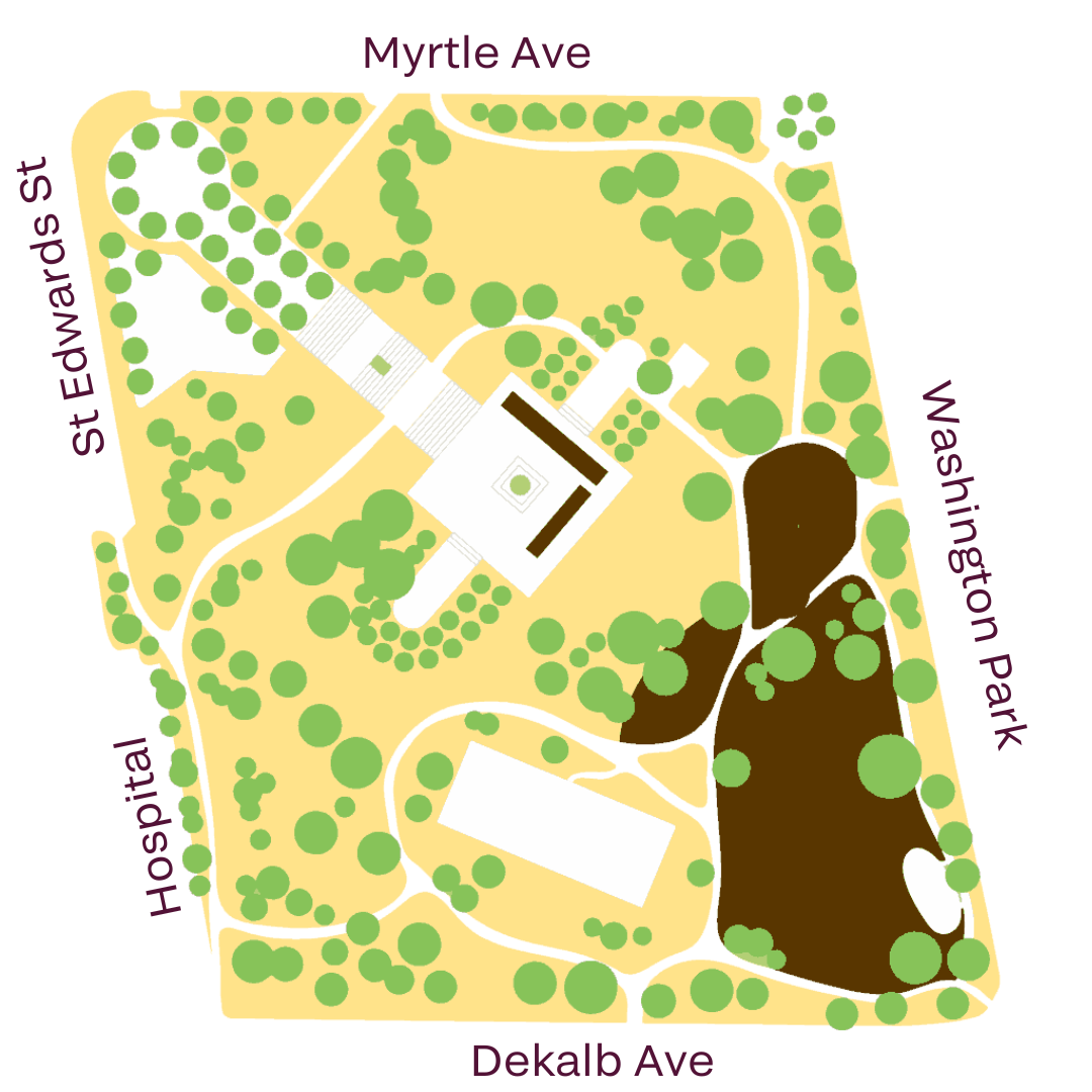 Graphic of Fort Greene Park Map. Active lawns are yellow. 5 other lawns--not open to off-leash--are highlighted in brown: the south and east lawns on the monument panel, Central Lawn, the hillside overlooking Central Lawn, and the lawn by Willoughby.