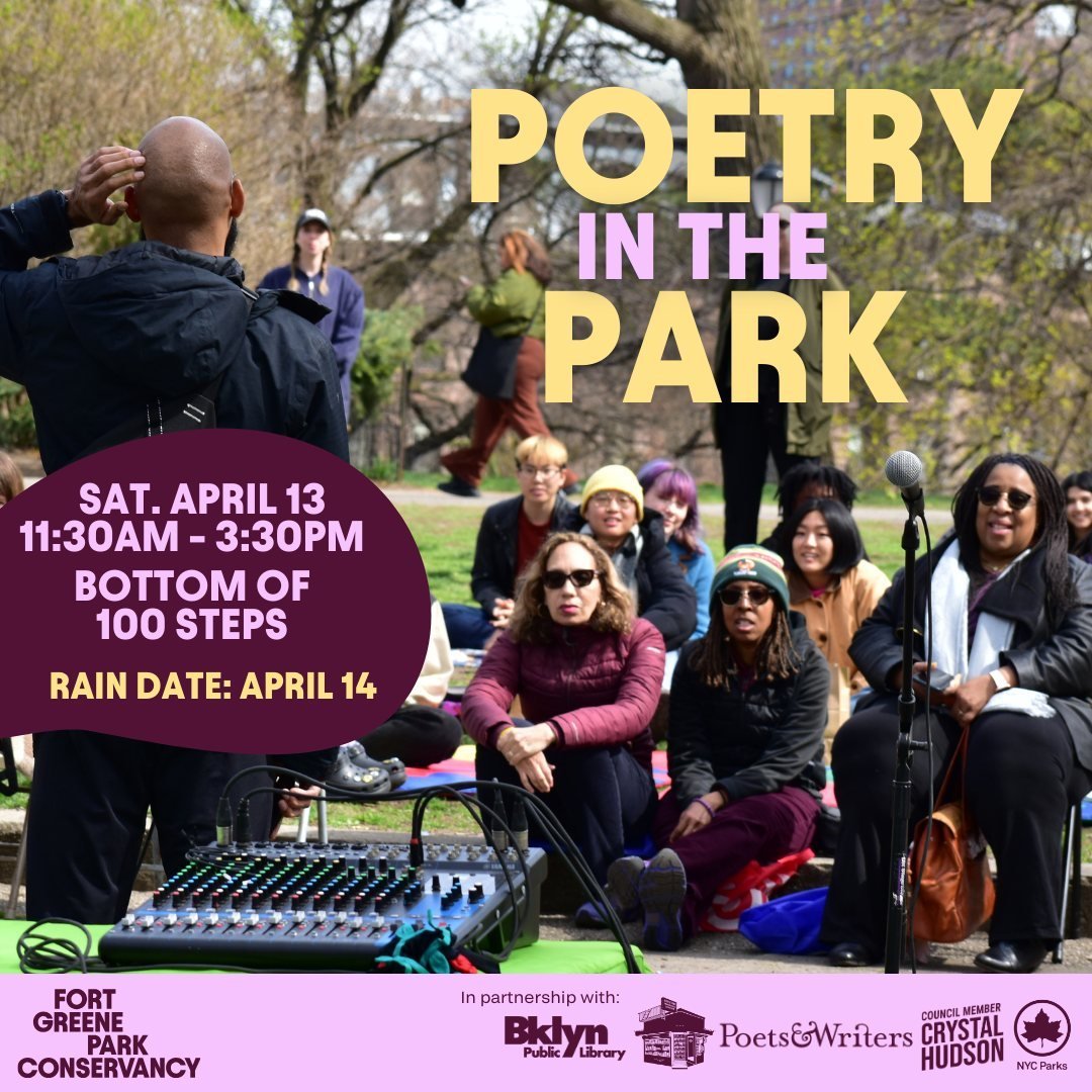 Tomorrow is Poetry in the Park! Drop by anytime between 11:30 am and 3:30 pm. Open Mic will start at 1:45pm and featured performances will follow! We encourage you to bring a yoga mat, picnic blanket, or foldable chair for seating. And don't forget t