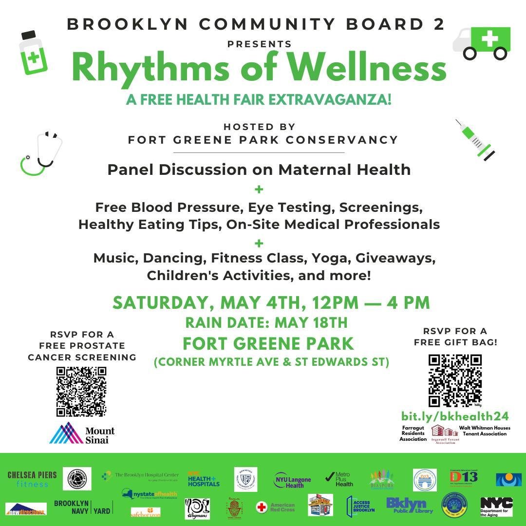 Brooklyn Community Board 2 presents Rhythms of Wellness: A Free Health Fair Extravaganza at Fort Greene Park. There'll be a panel discussion on maternal health, free blood pressure testing, on-site medical professionals, giveaways, raffles, children&
