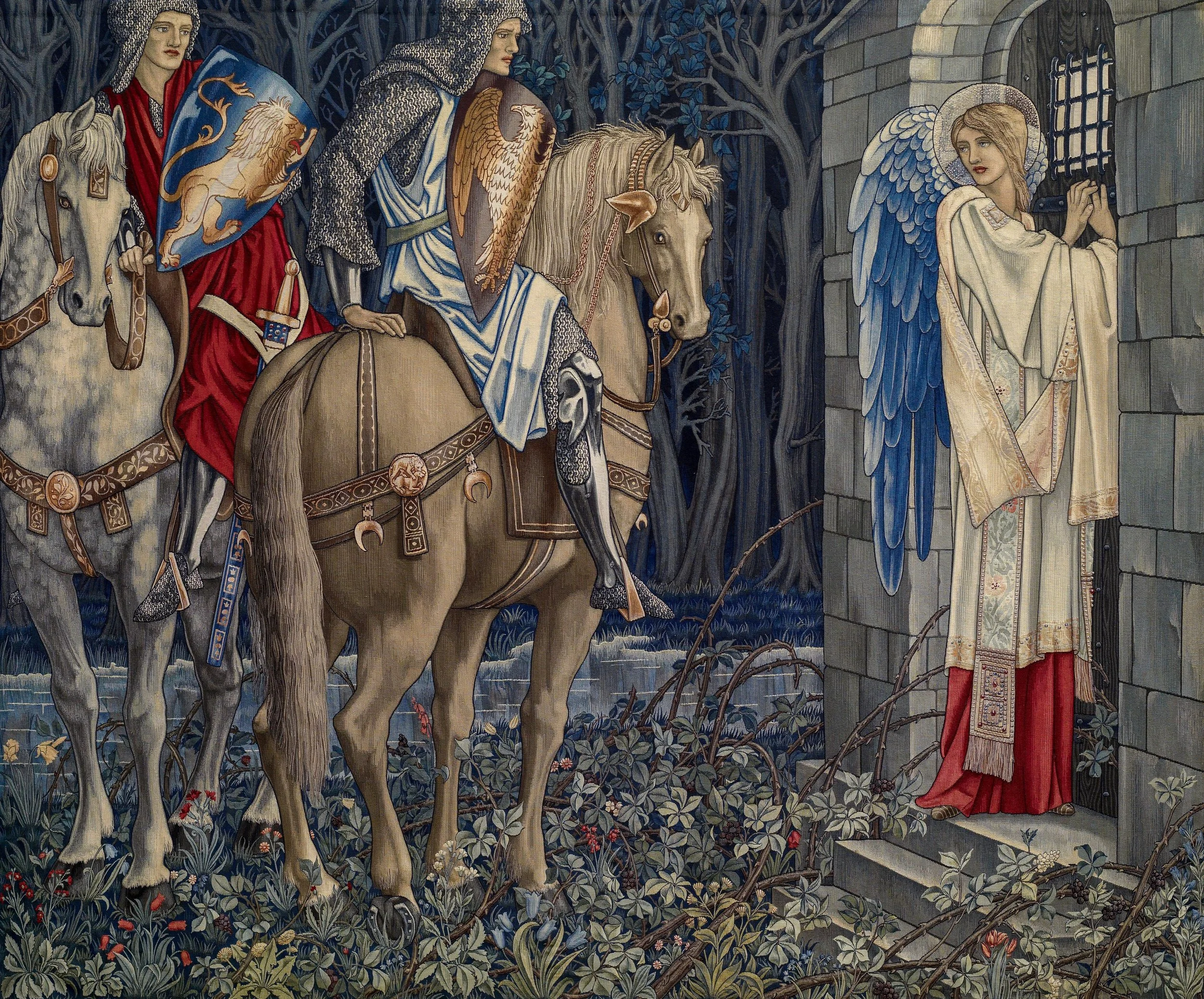 A religious depiction of three knights on horseback following a female angel as they approach a woman behind a stone wall holding a group of keys.