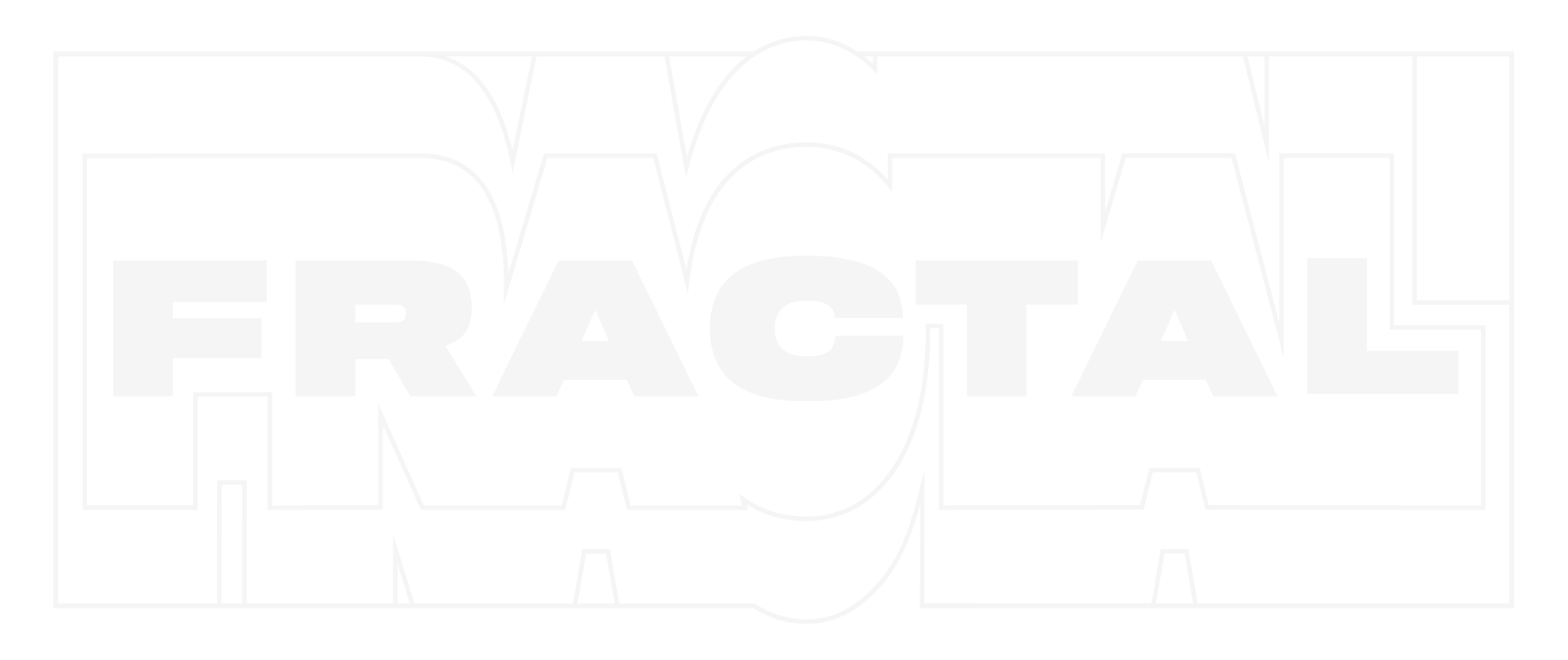 The image contains the words "FRACTAL" written in bold, white letters with black outlines, over a black background. The letters are arranged in a layered, abstract style with a fractal pattern.