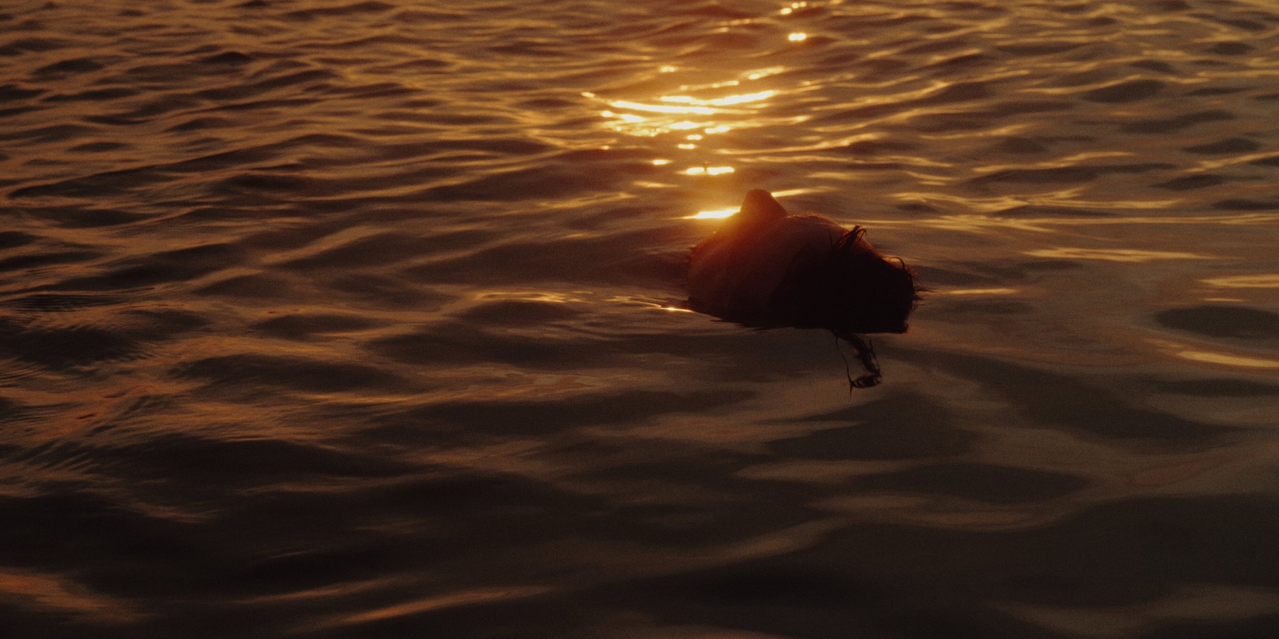 A floating buoy in water during sunset or sunrise, with the sun reflecting on the water's surface.