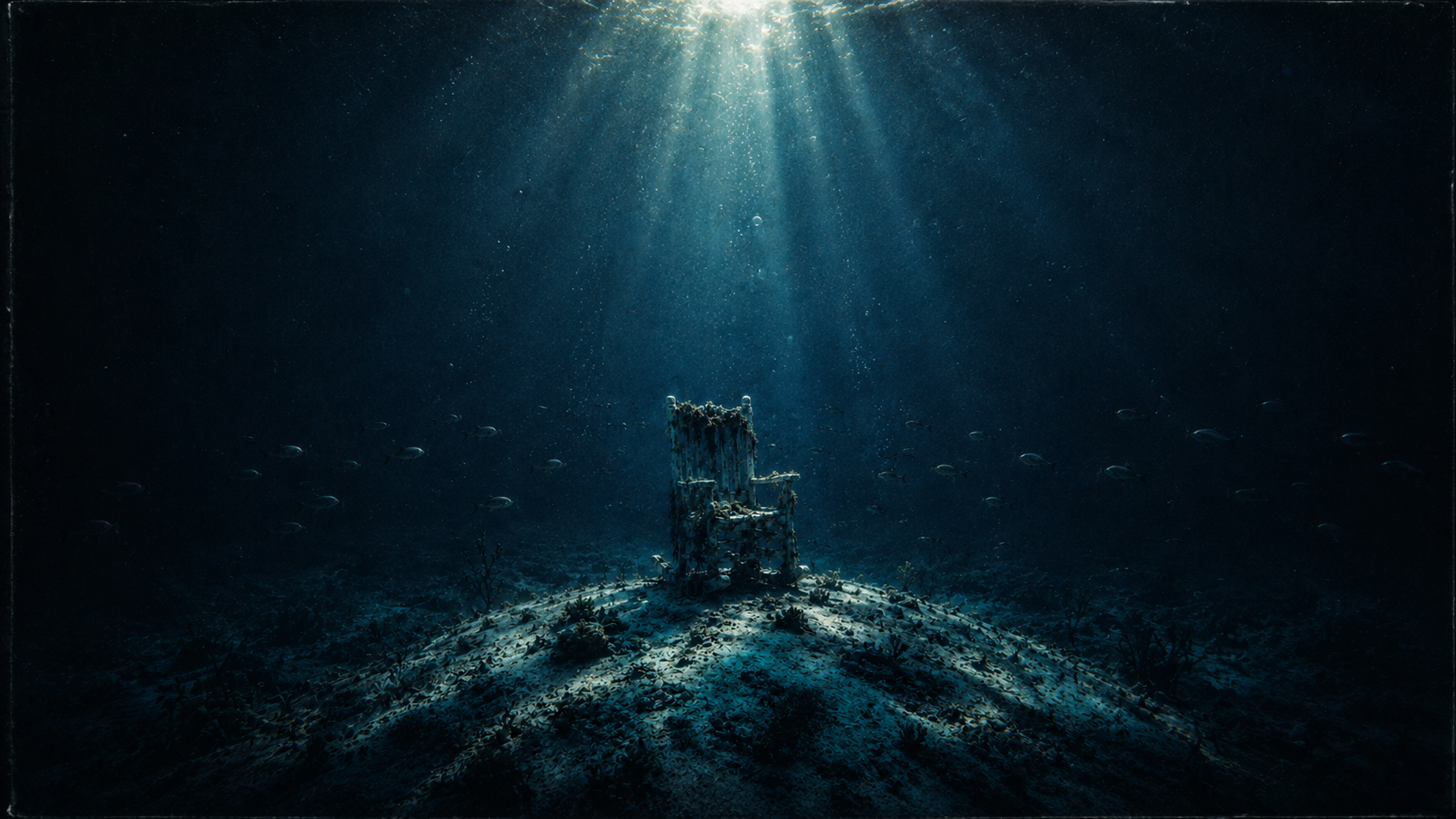 Underwater scene with sunlight shining down on a sunken, abandoned chair on the ocean floor, surrounded by fish and marine life.