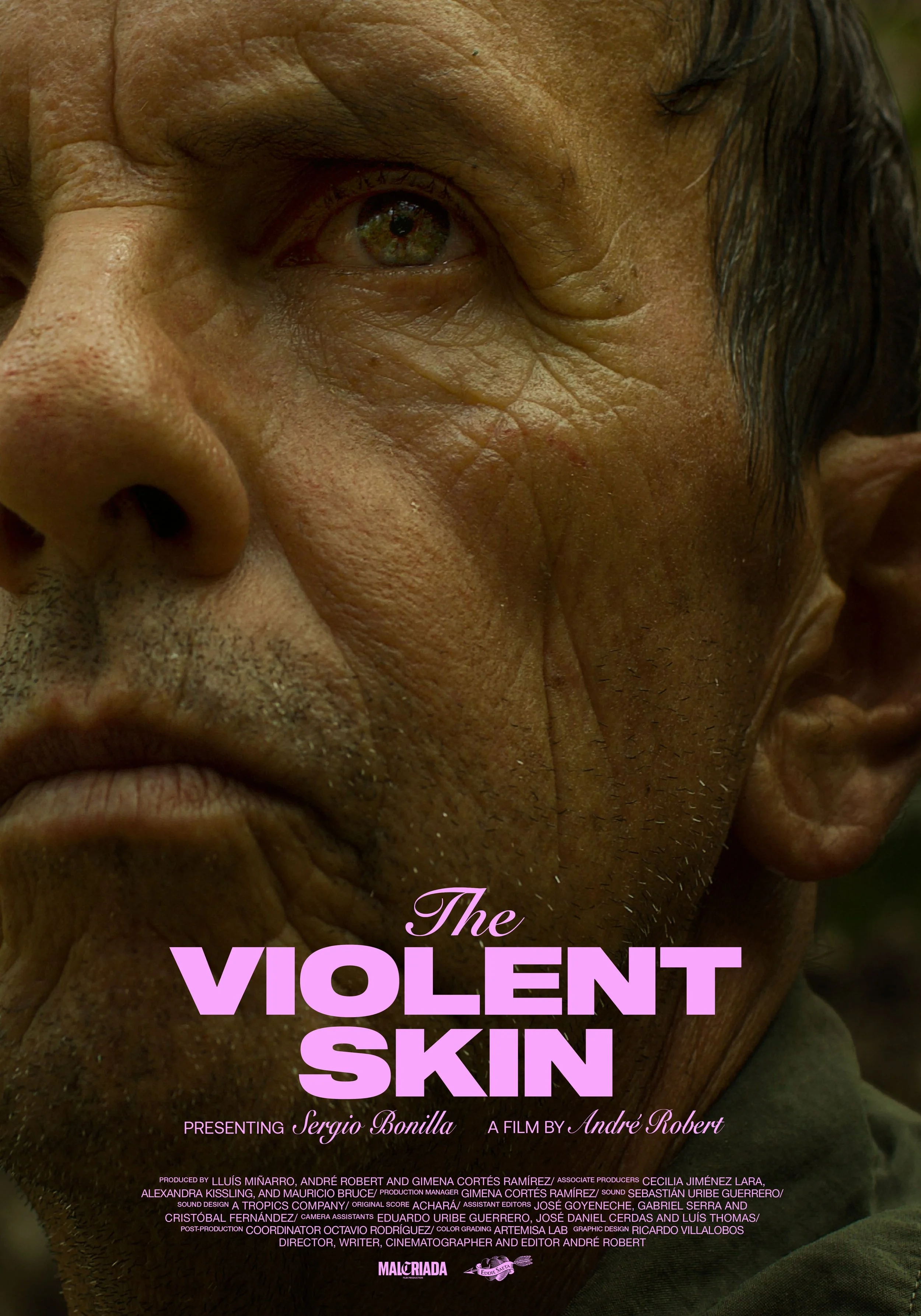 Close-up of a person's face with dark skin and prominent facial features, including a detailed eye, nose, and lips, with text overlay in pink that reads "The Violent Skin."