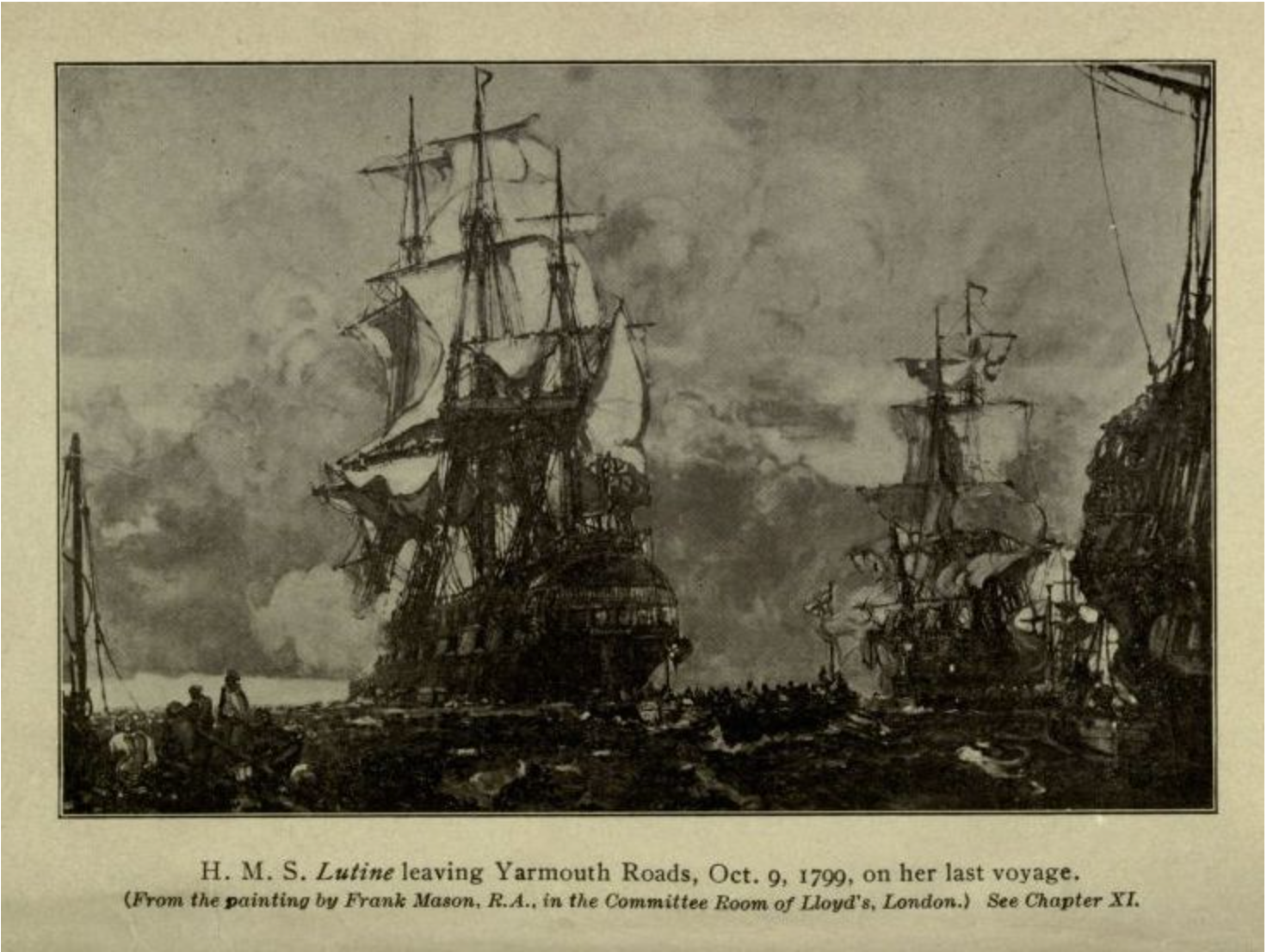 Historical drawing of three sailing ships near the coast with sailors on the shore and clouds overhead.