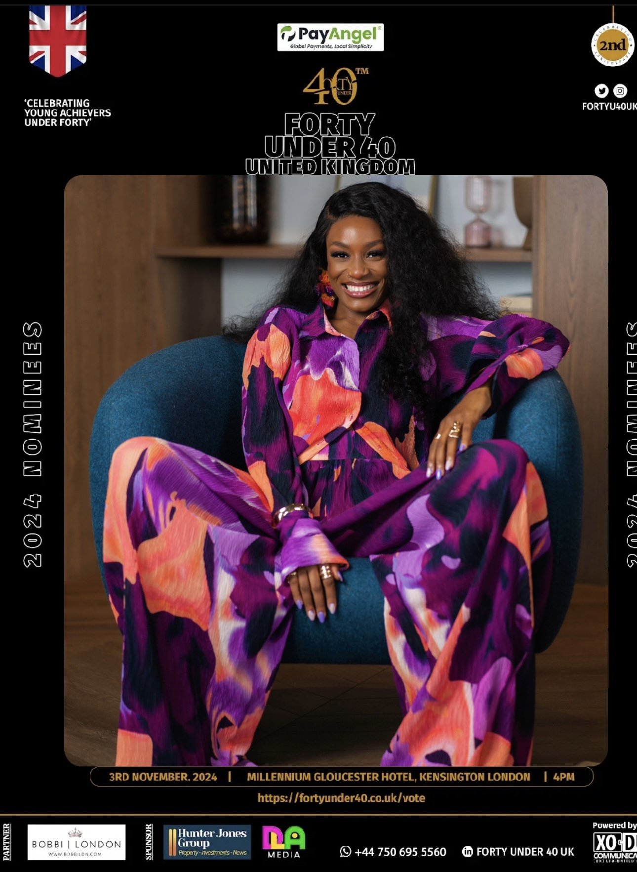 Promotional poster for the event 'Forty Under 40 United Kingdom.' Featuring a smiling woman in vibrant purple and orange floral jumpsuit sitting on a teal armchair, with event details at the bottom and sponsor logos around the border.