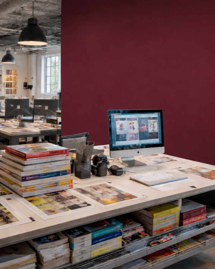 Workstation with a computer on a cluttered desk, stacks of magazines and comic books, and office supplies, in a creative workspace with a maroon wall.