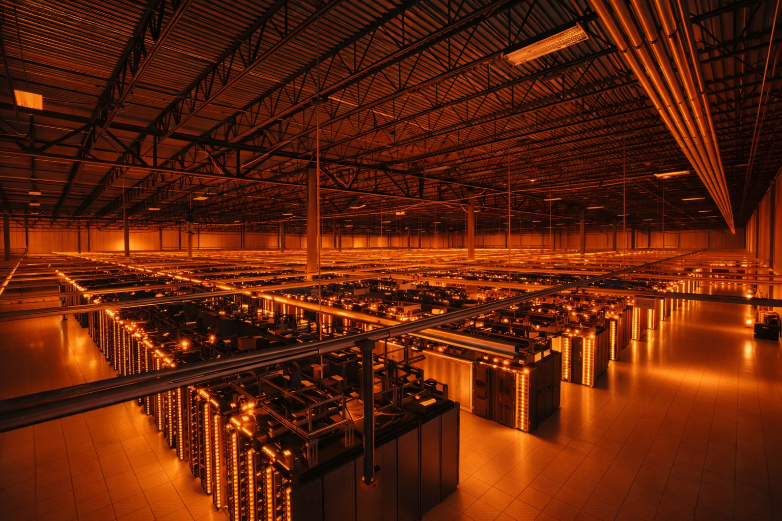 A large data center with rows of servers and equipment illuminated by orange lighting.