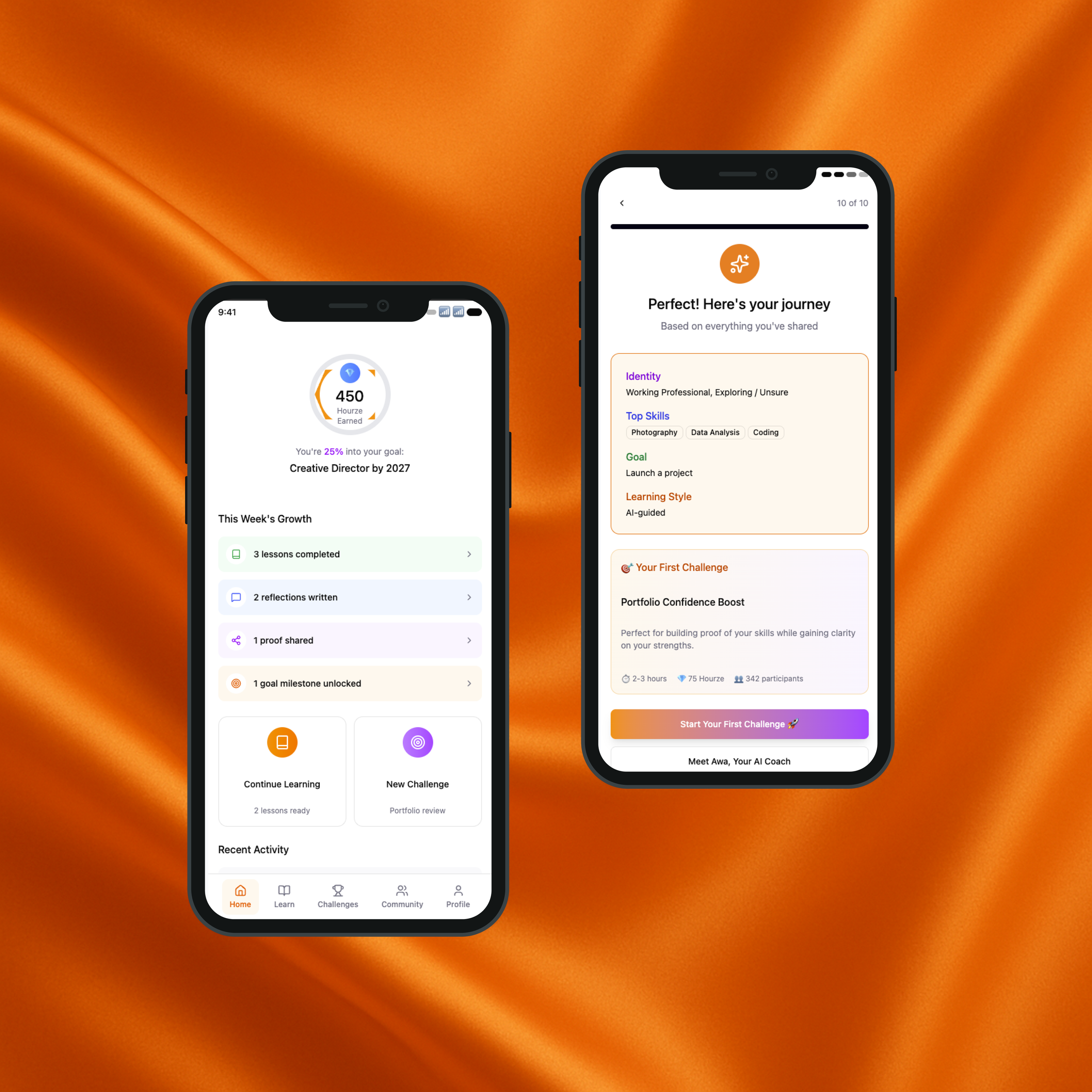 Two smartphones displaying an e-learning app interface against a shiny orange background.