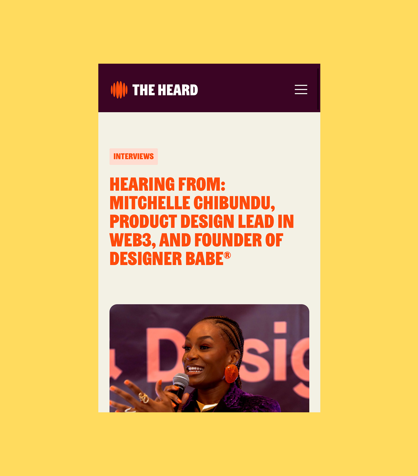 A mobile webpage featuring an interview with Michelle Chibundu, a product design leader in Web3, showing her speaking into a microphone with a purple background and large pink text.