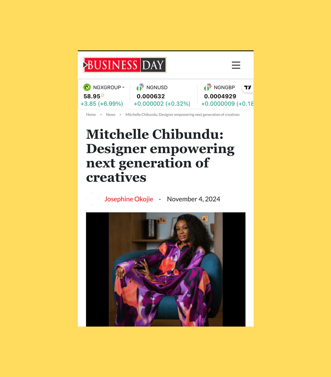 Screenshot of a news article titled ''Mitchelle Chibundu: Designer empowering next generation of creatives,'' featuring a woman sitting in a colorful outfit.