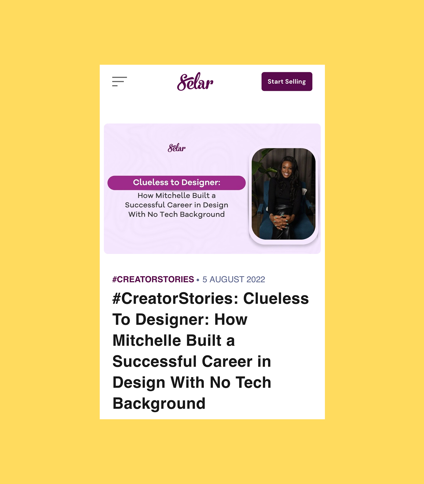 A digital article page featuring a purple header with the title "Clueless to Designer: How Michelle Built a Successful Career in Design With No Tech Background" and a photo of a smiling woman sitting on a blue chair.