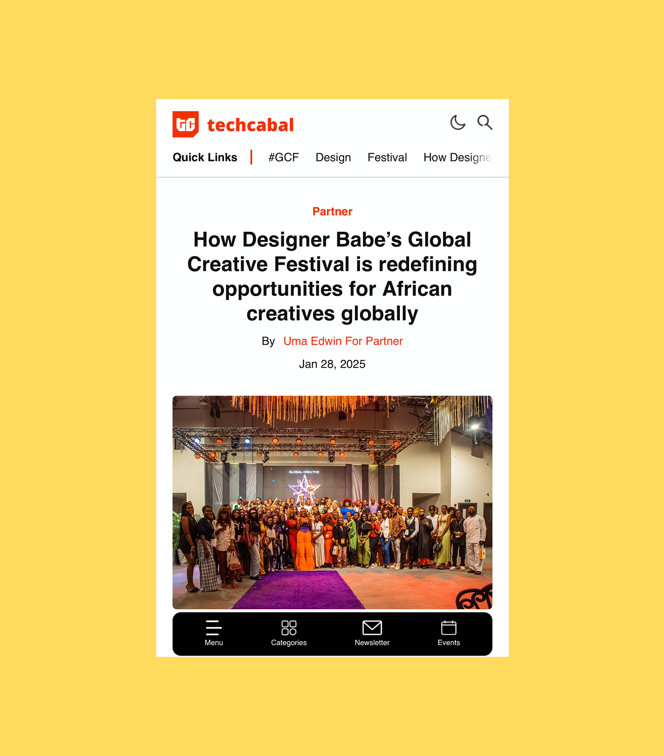 A mobile webpage showing an article titled 'How Designer Babe's Global Creative Festival is redefining opportunities for African creatives globally'. The page features a large group photo at the bottom showing people on stage and in the audience at a creative festival, with a stage and lighting in the background.