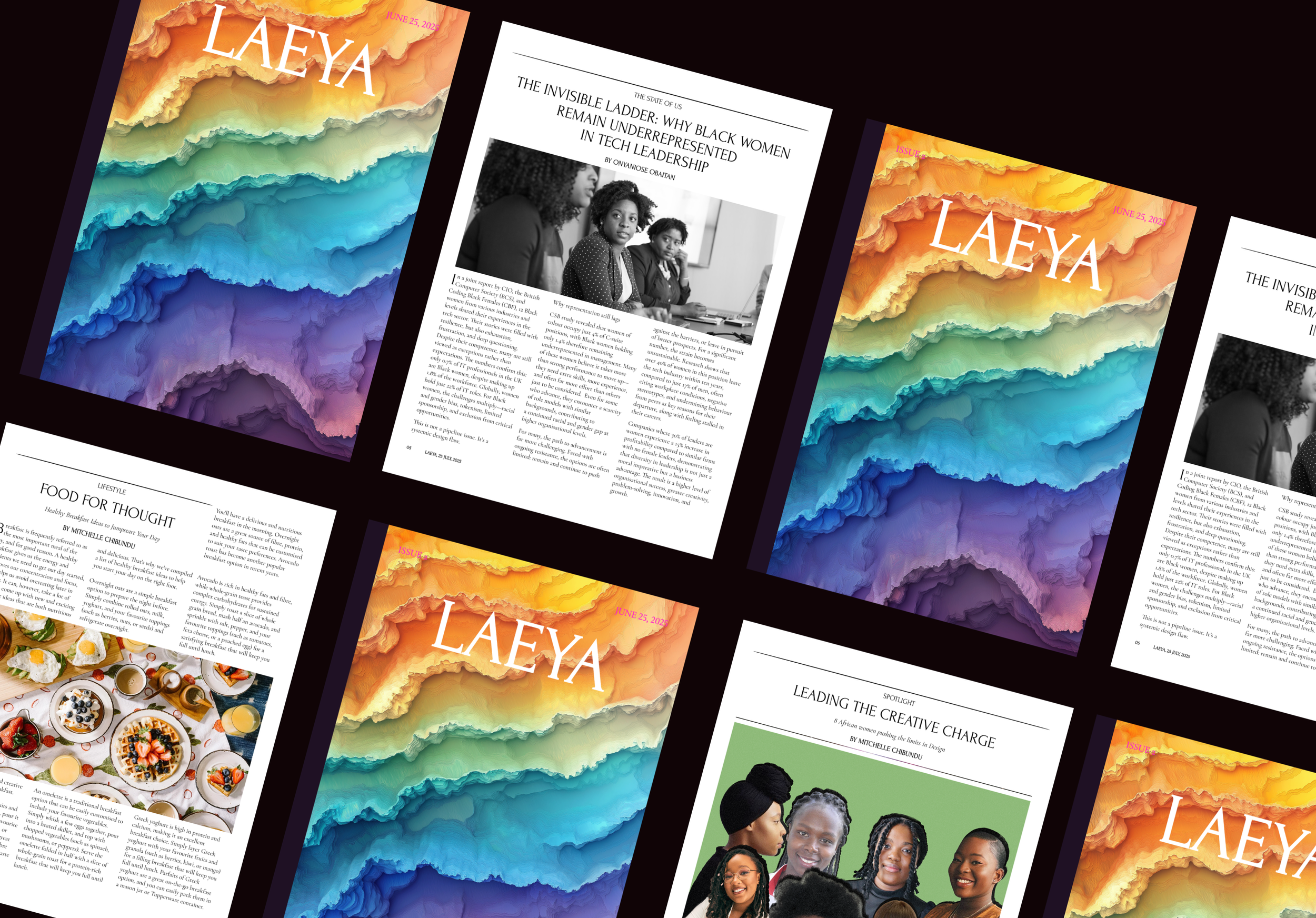 Collage of magazine pages and cover with colorful layered abstract background. The magazine title is 'LAEYA' and the issue date is June 25, 2023. The pages include articles on various topics, including a black-and-white photo of three women, a food photograph of breakfast dishes, and a group photo of women with diverse hairstyles.