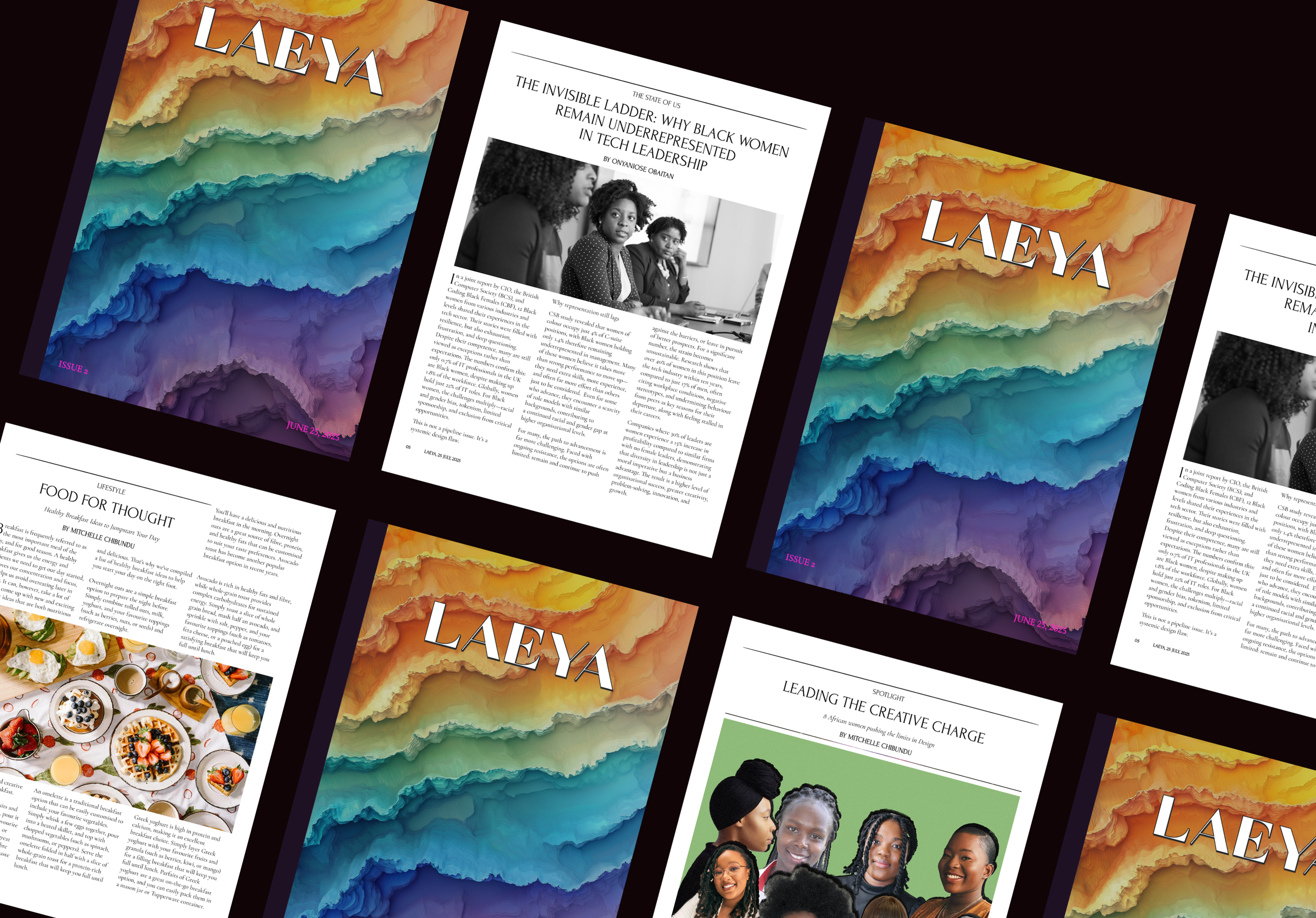 Collage of magazine pages and cover with colorful layered abstract background. The magazine title is 'LAEYA' and the issue date is June 25, 2023. The pages include articles on various topics, including a black-and-white photo of three women, a food photograph of breakfast dishes, and a group photo of women with diverse hairstyles.