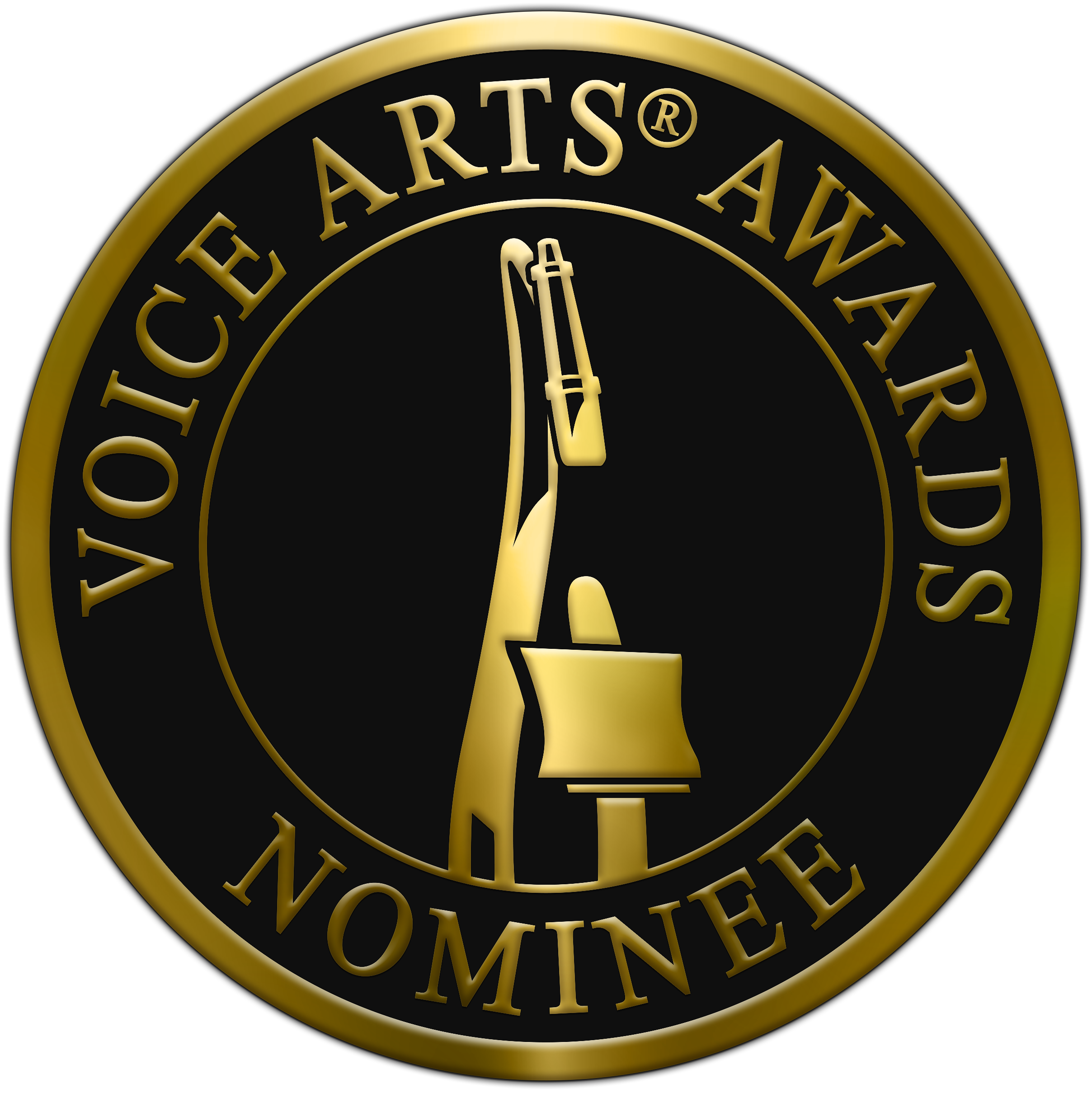 A gold and black medallion with a picture of a microphone and script stand