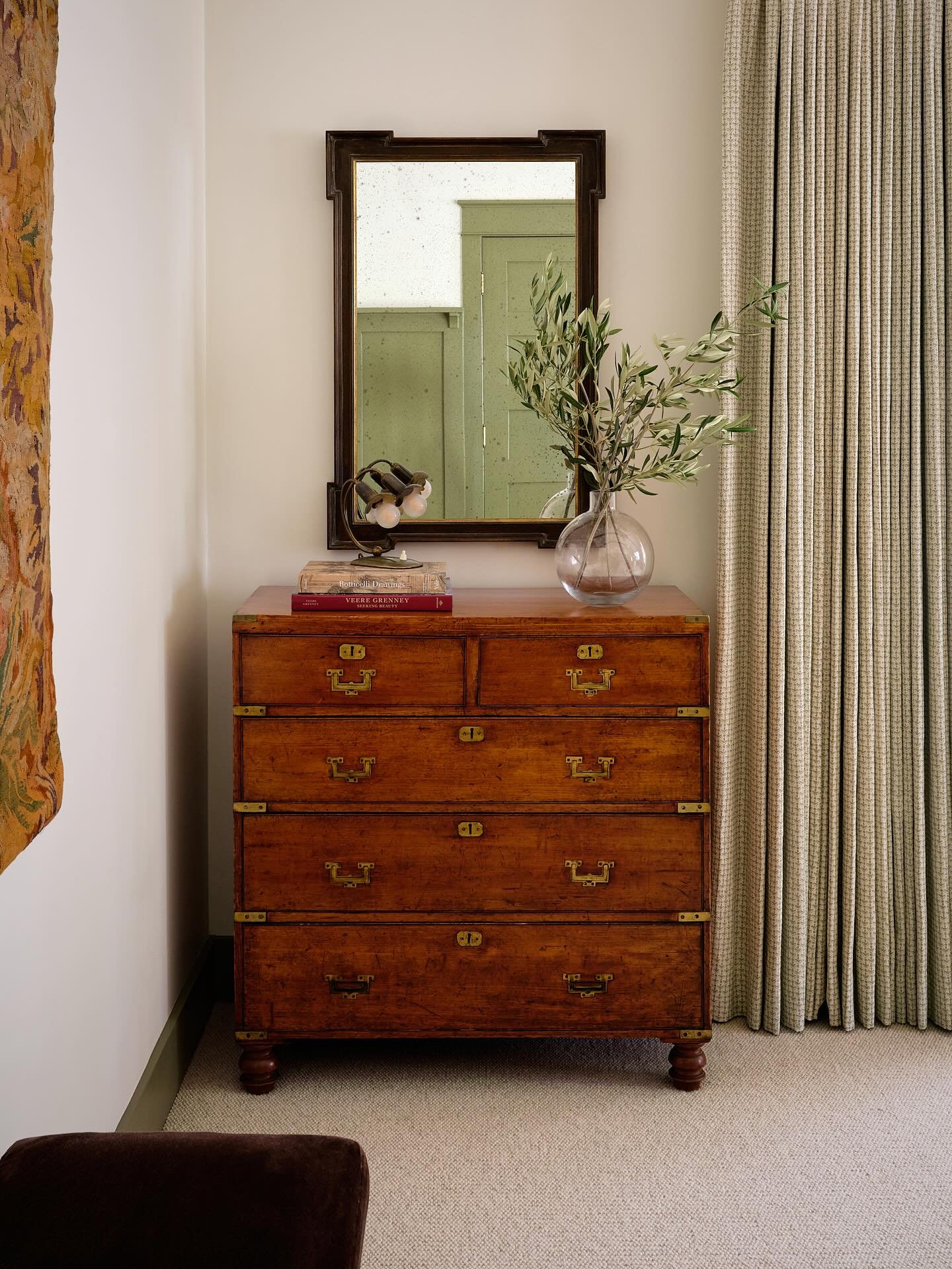 This vintage English campaign dresser is one of the anchors of the room&mdash;the first thing you see when you walk in, and a piece that quietly sets the tone. I first fell in love with campaign furniture years ago on safari in Tanzania, where we had