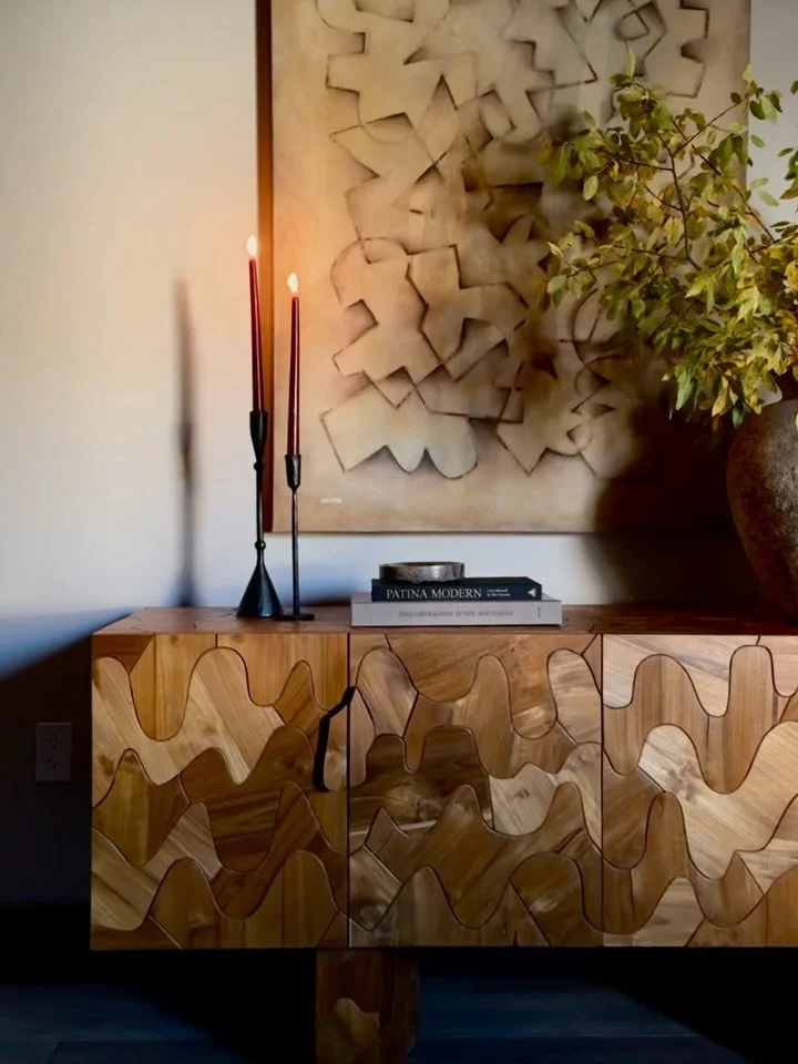 A year ago this week we were in Sun Valley shooting this project&mdash;and I still can&rsquo;t get over how this new-build entry space came together. That patterned wood credenza (an incredible vintage find at the Round Top antiques show), painting b