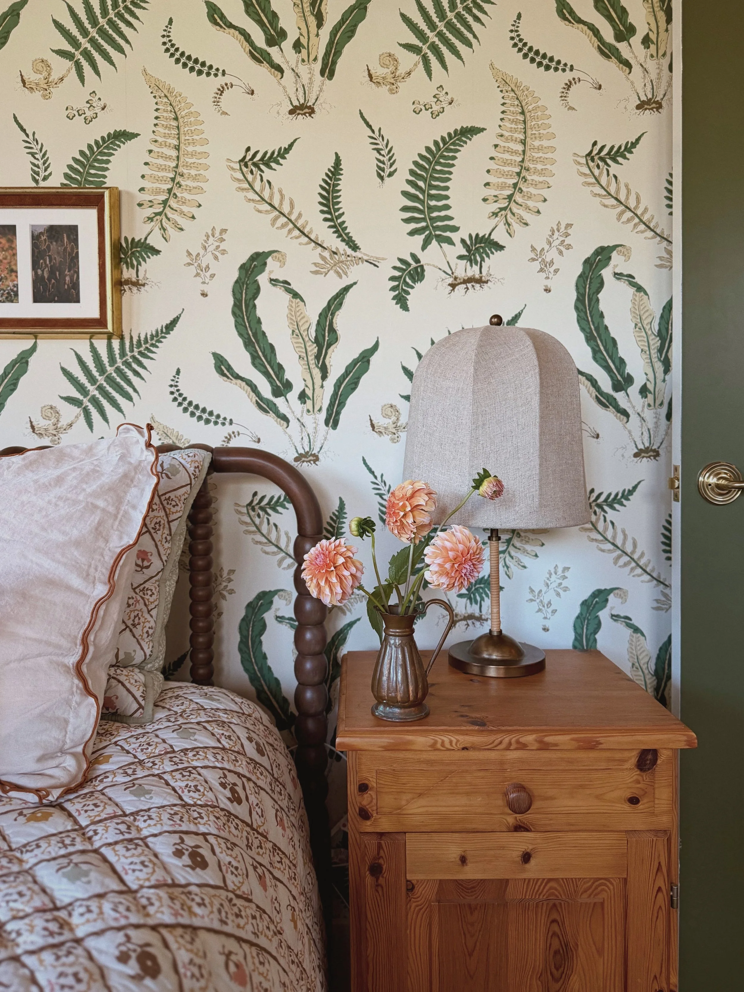 Still dreaming about these dahlias, and this little color theory moment. The peachy salmon carries just enough red to play against the fern green wallpaper, giving it that perfect pop of color.