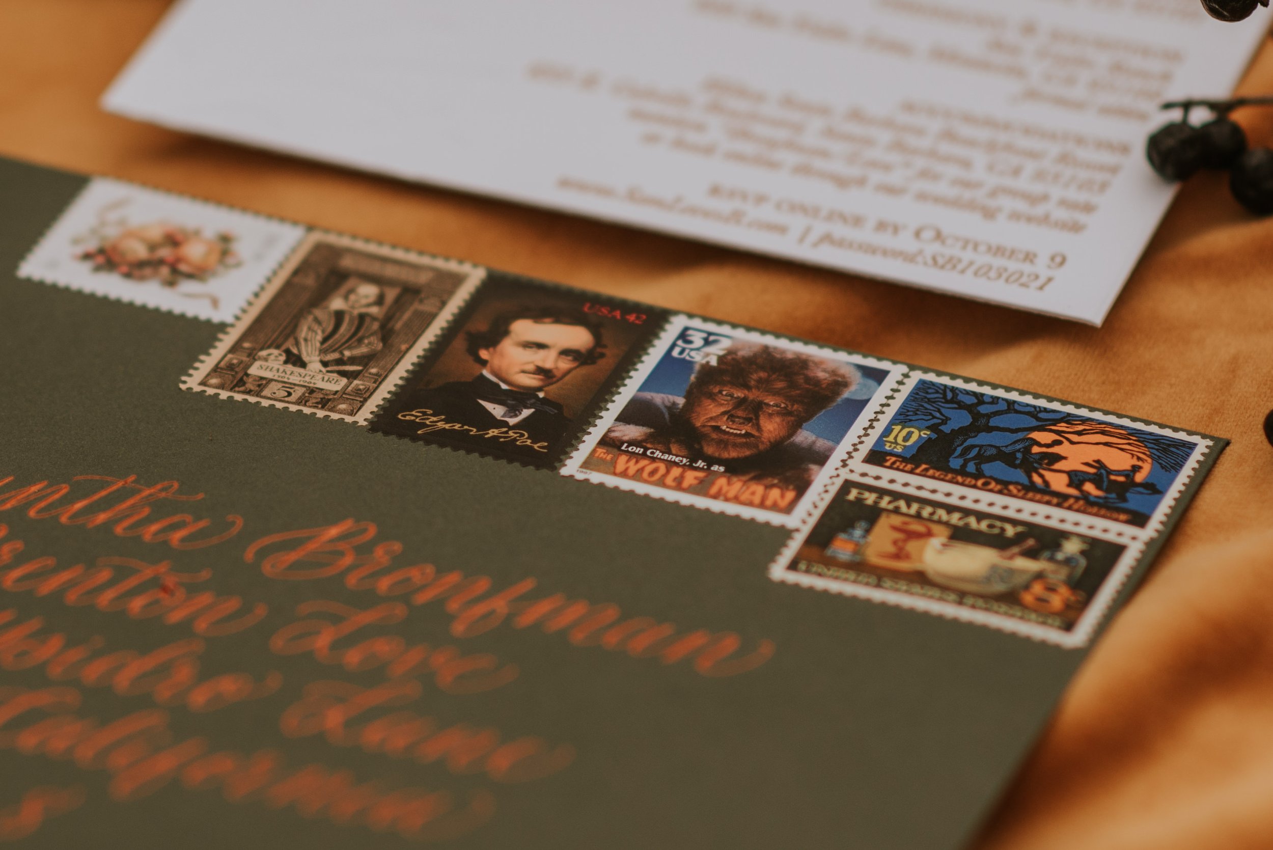 Curated vintage postage for  an elegant Halloween-themed wedding